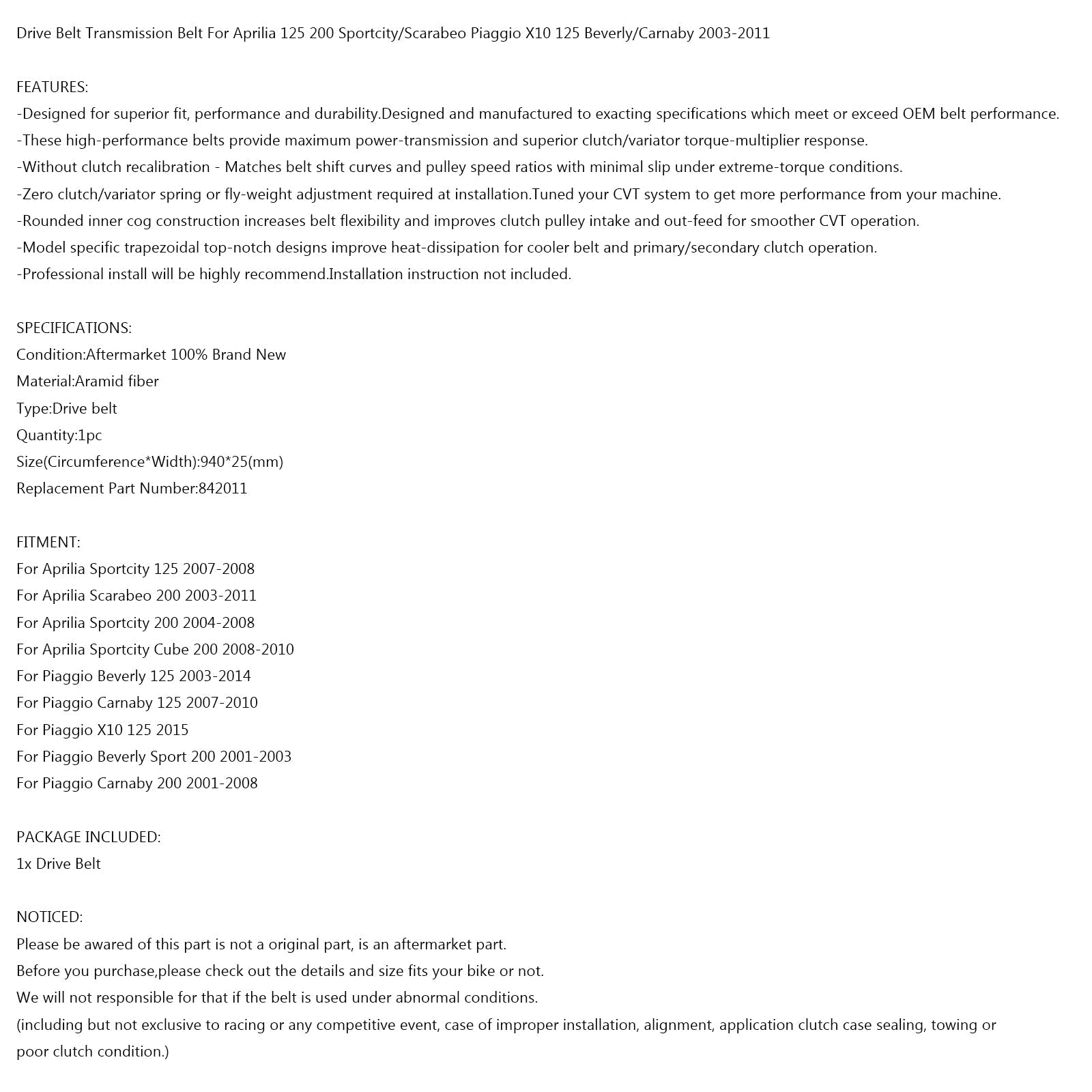 Aandrijfriem 940OC x 25W voor scooter Aprilia Sportcity 125 200 Scarabeo 200 03-11 generiek