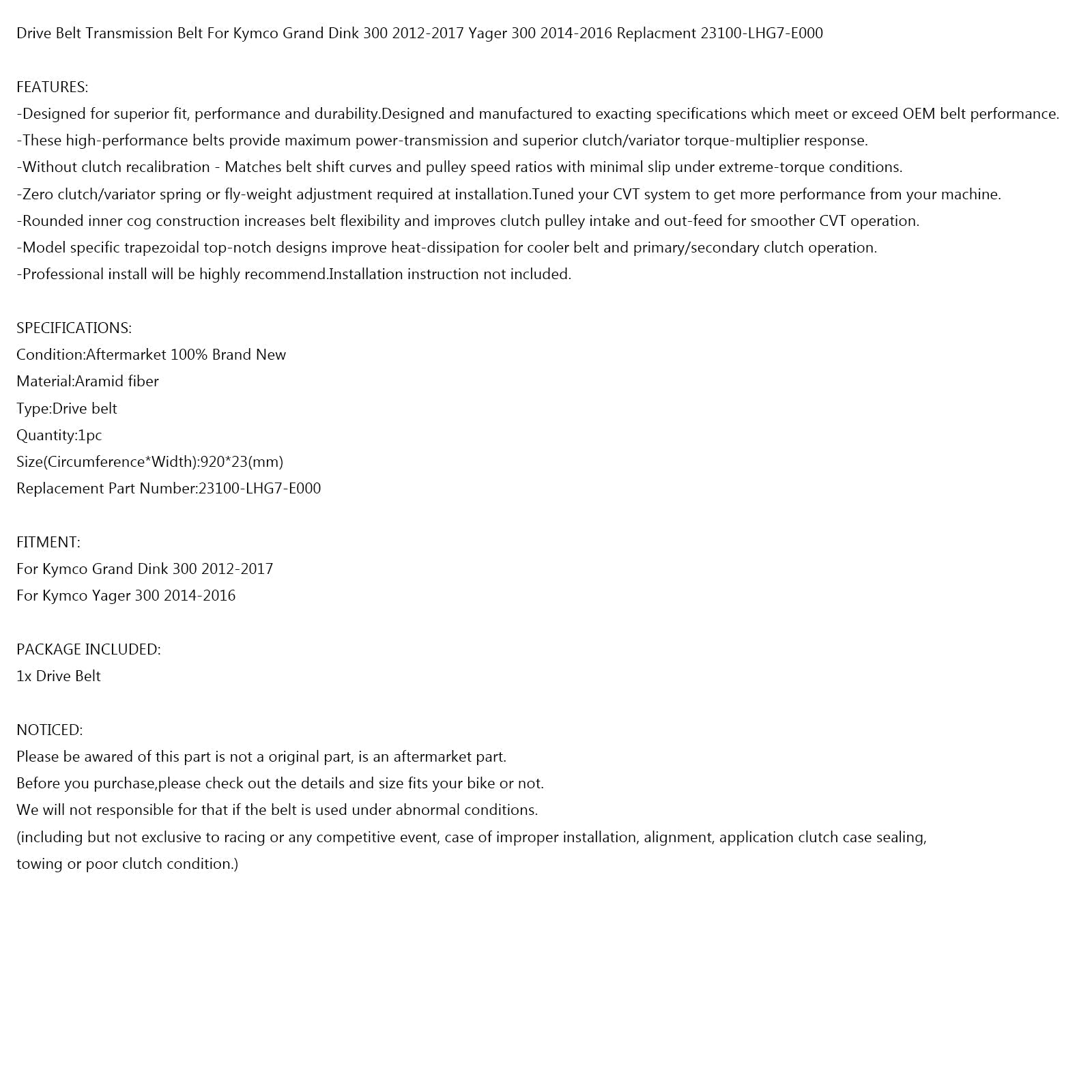 Courroie d'entraînement 920OC x 23W pour scooter Kymco Grand Dink 300 12-17 Yager 300 14-16 générique