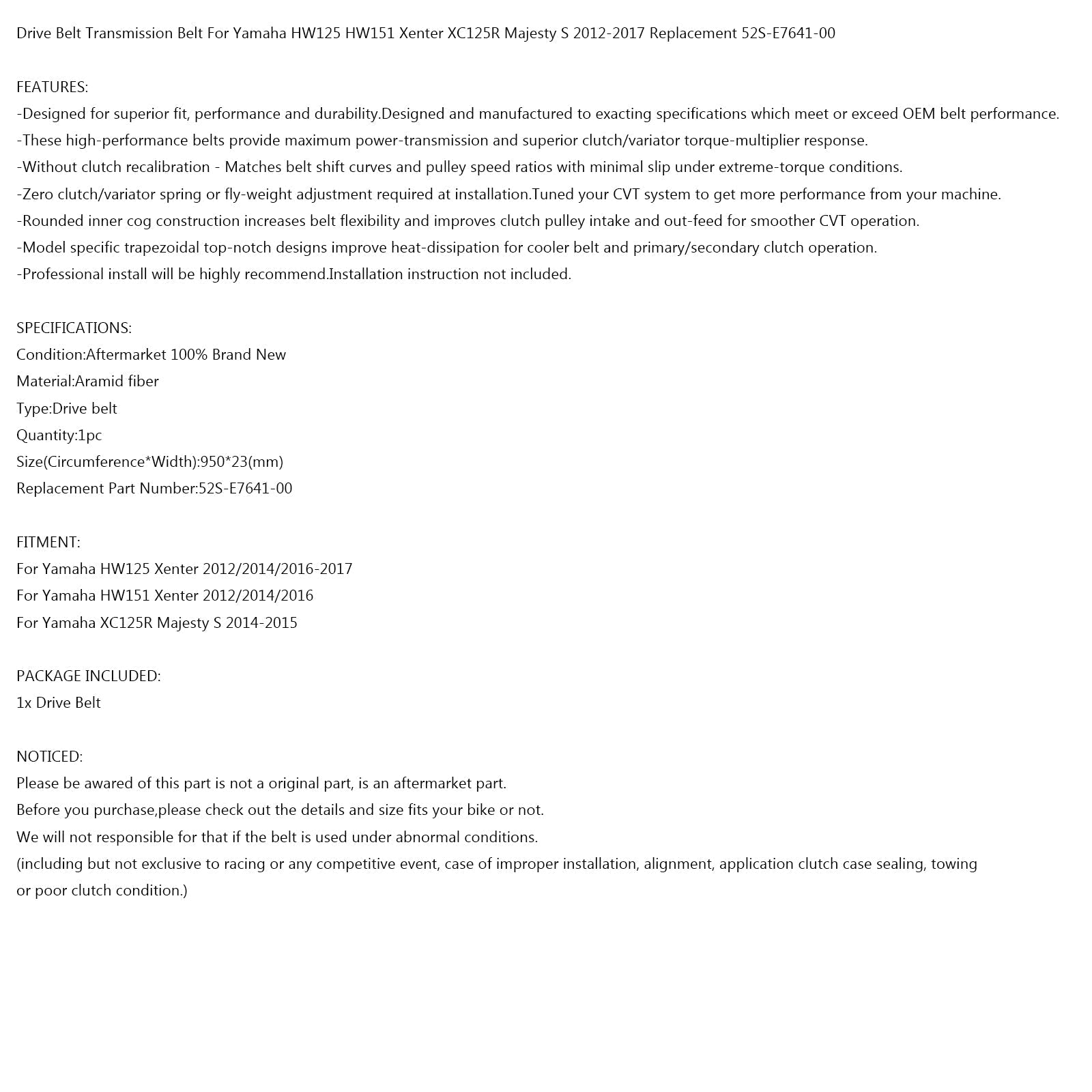 Courroie d'entraînement 950OC x 23W pour Yamaha HW125 HW151 Xenter XC125R Majesty S 2012-2017 générique