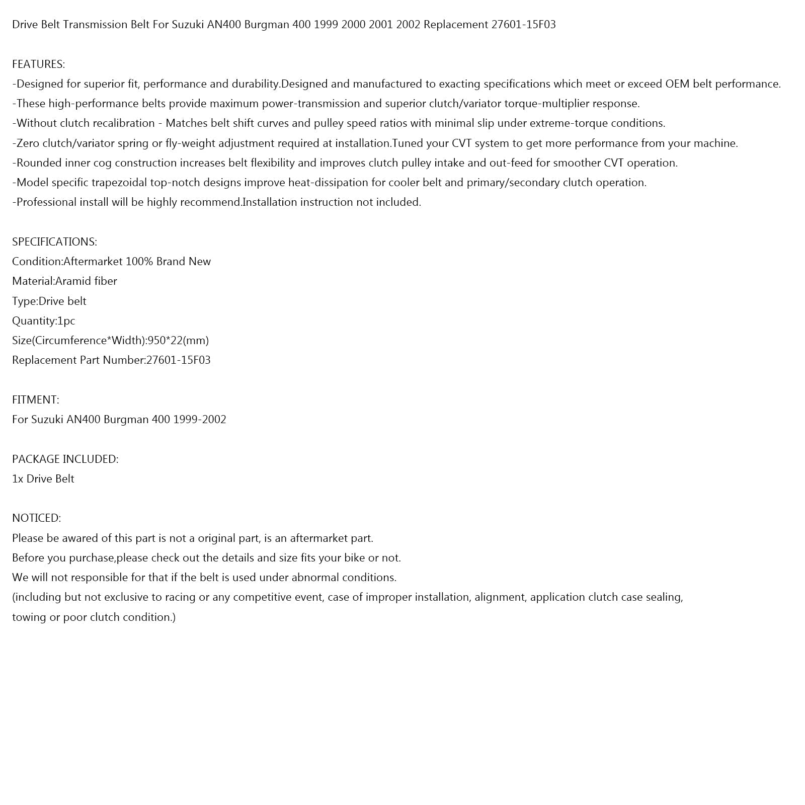 Courroie de transmission d'entraînement adaptée pour Suzuki AN400 Burgman 1999-2002 #. 27601-15F03 Générique