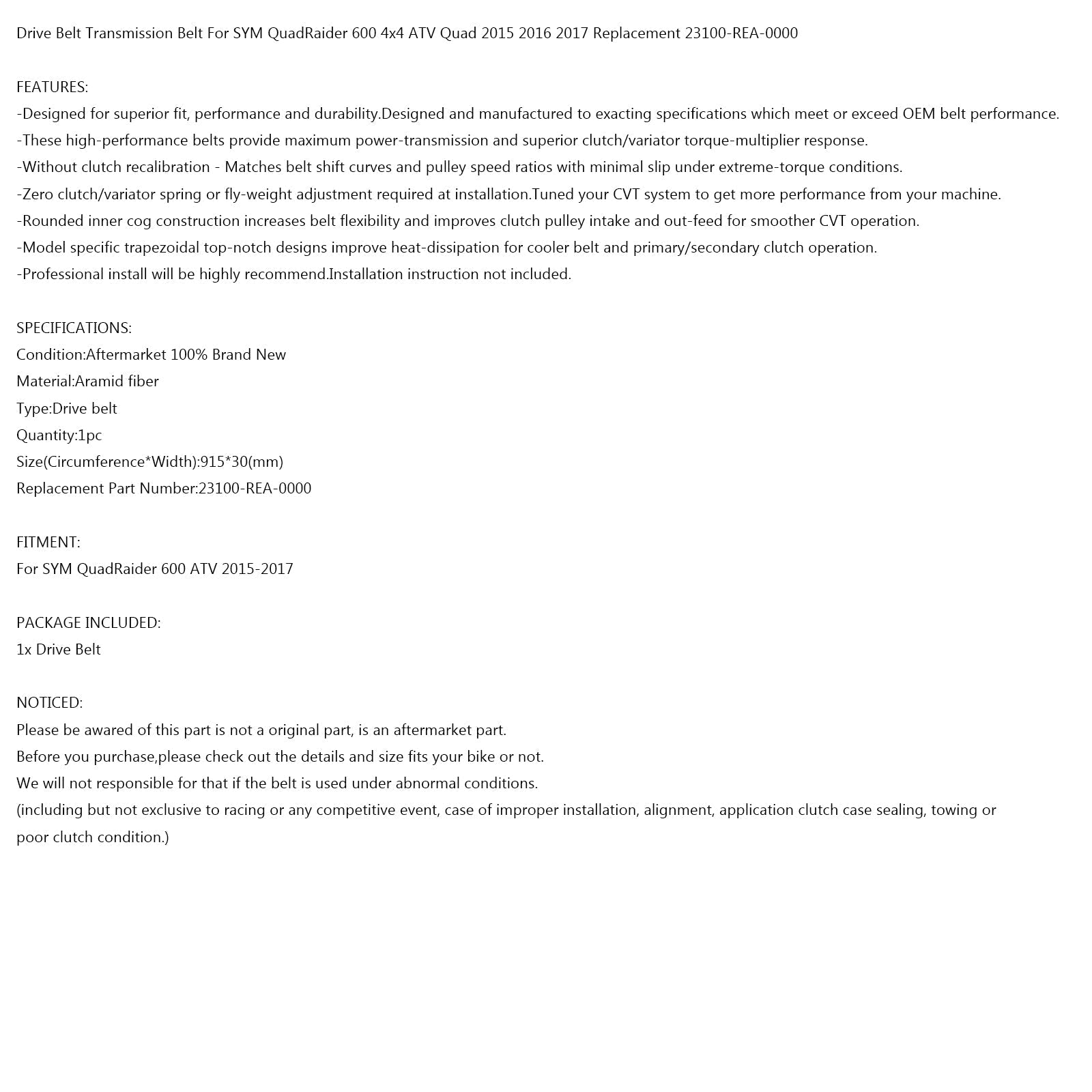 Pasek napędowy 915OC x 30W dla SYM Quad Raider 600 ATV 2015-2017 P/N.23100-REA-0000 Generic