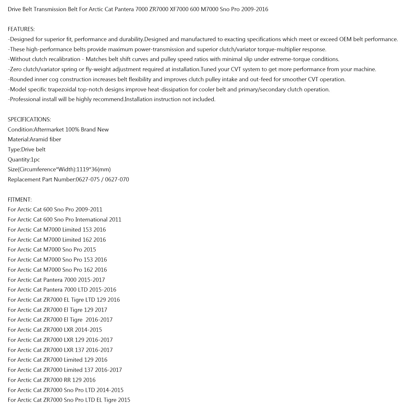 Courroie d'entraînement 1119OCx36W pour motoneige Arctic Cat ZR XF M PTA 7000 14-17 0627-070 générique