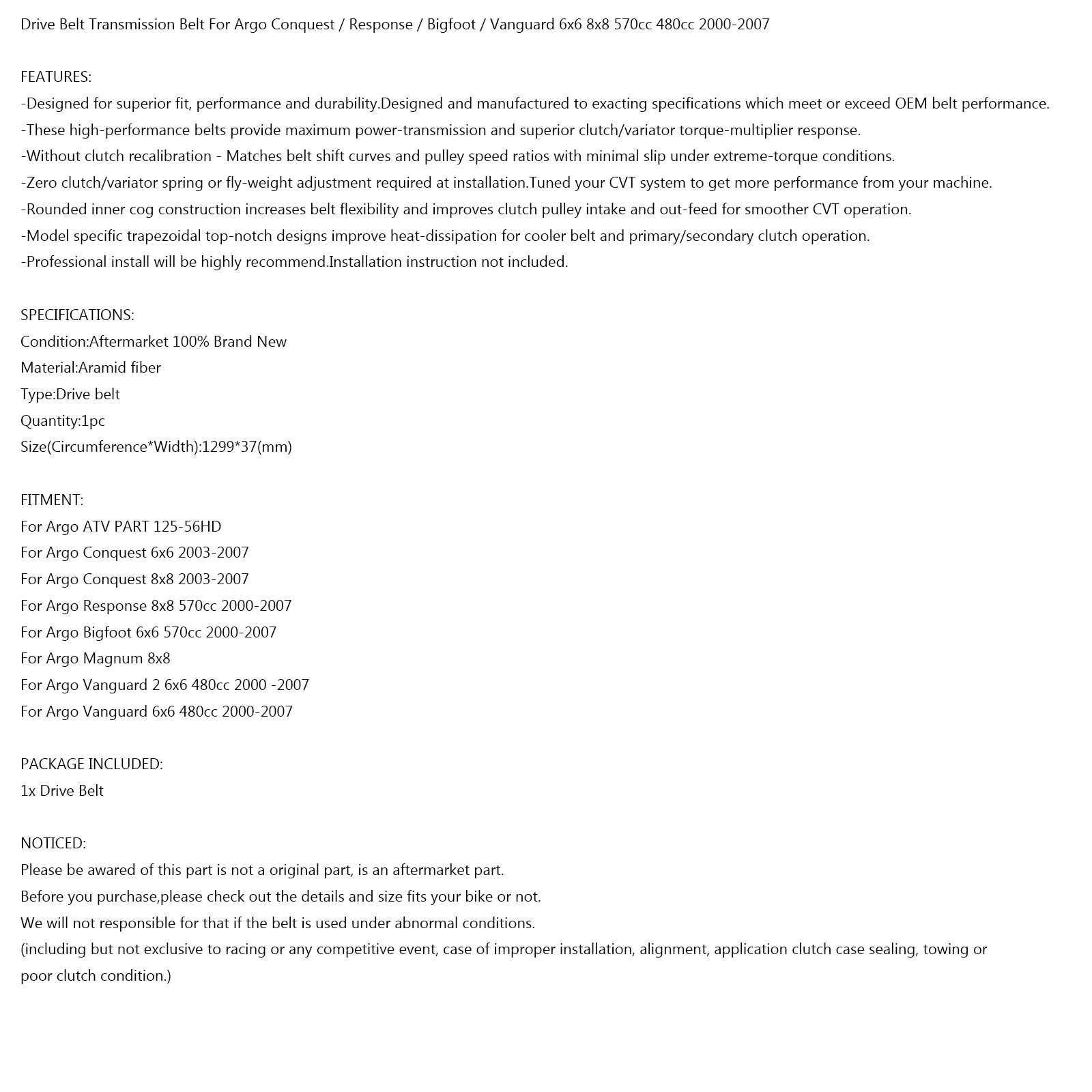 Courroie 'entraînement 1299x37 pour Argo ATV partie 125-56 Conquest Response Bigfoot Vanguard générique