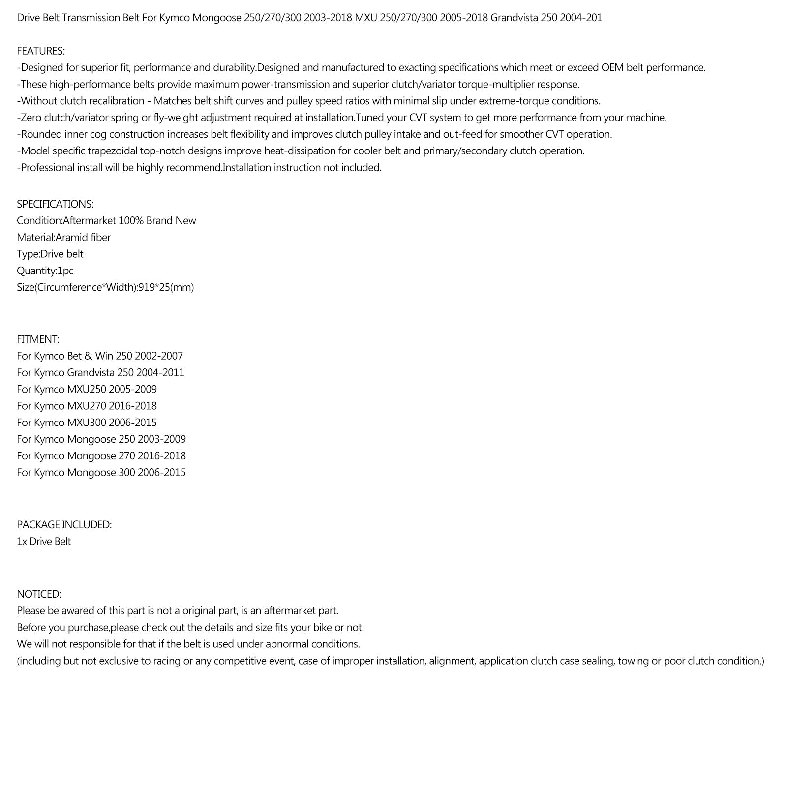 Cinghia di trasmissione 919OCx25W per Kymco Mongoose MXU 250 270 300 03-18 Bet & Win 250 generico