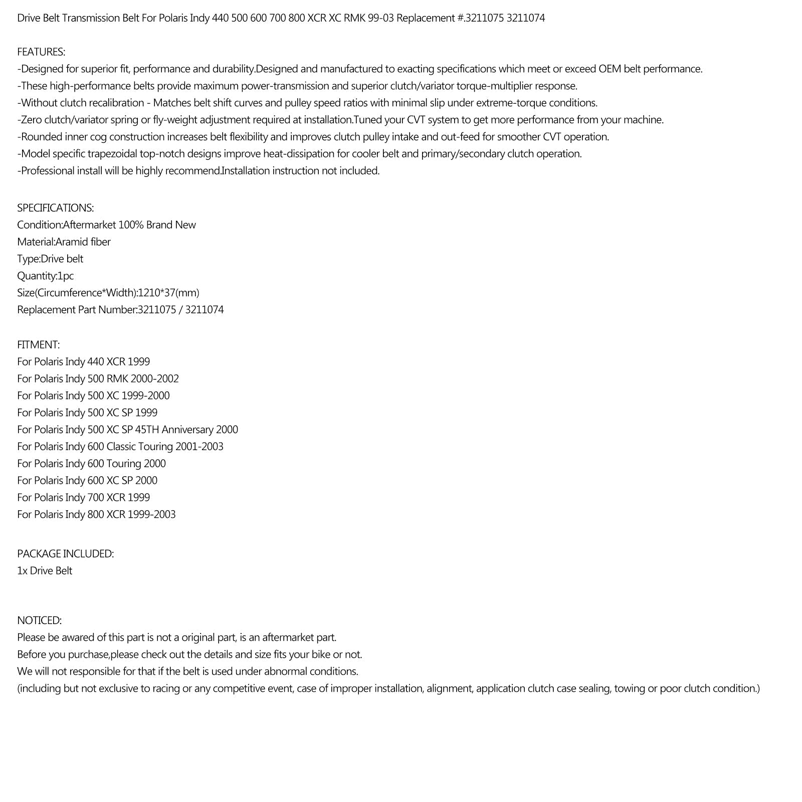 Courroie d'entraînement 1210Cx37W pour Polaris Indy 440 500 600 700 800 XC XCR 99-03 3211075 générique