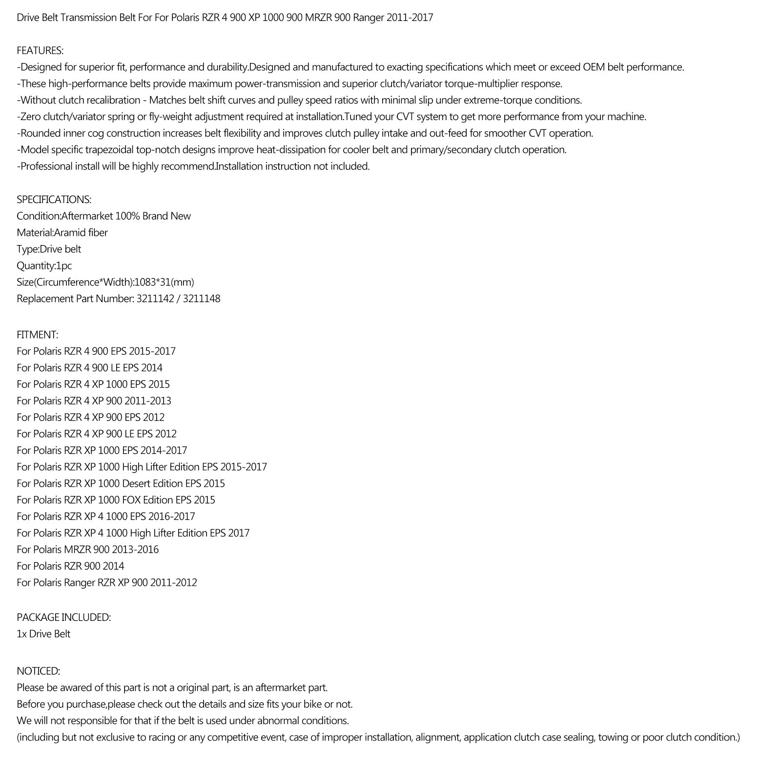 Courroie d'entraînement 1083Cx31W pour Polaris RZR 900 1000 4 XP Crew 2011-2017 P/N.3211148 générique