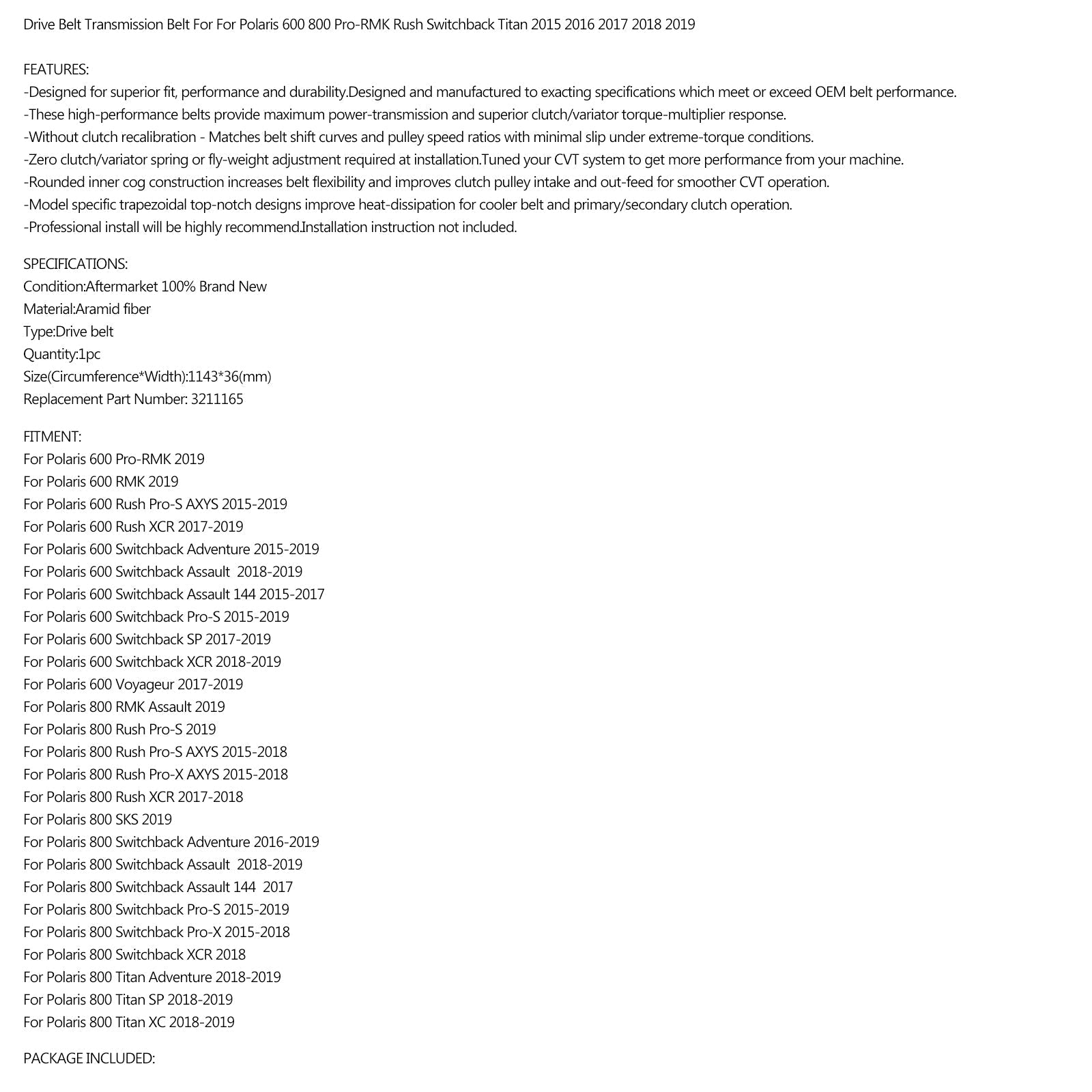 Courroie d'entraînement 1143OCx36W pour Polaris Switchback Rush Voyageur 600 15-19 P/N.3211165 générique