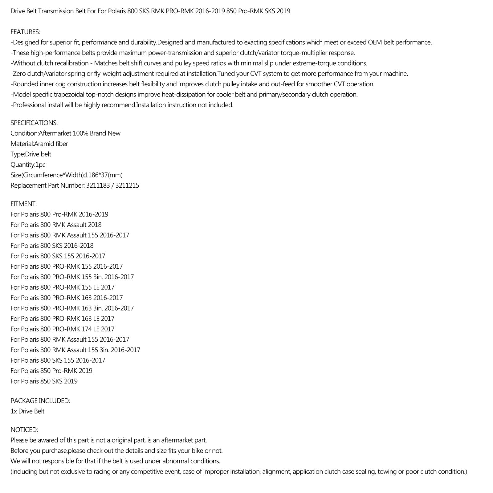 Courroie d'entraînement 1186OCx37W pour Polaris RMK SKS PRO-RMK 800 2016-2019 3211183 3211215 générique