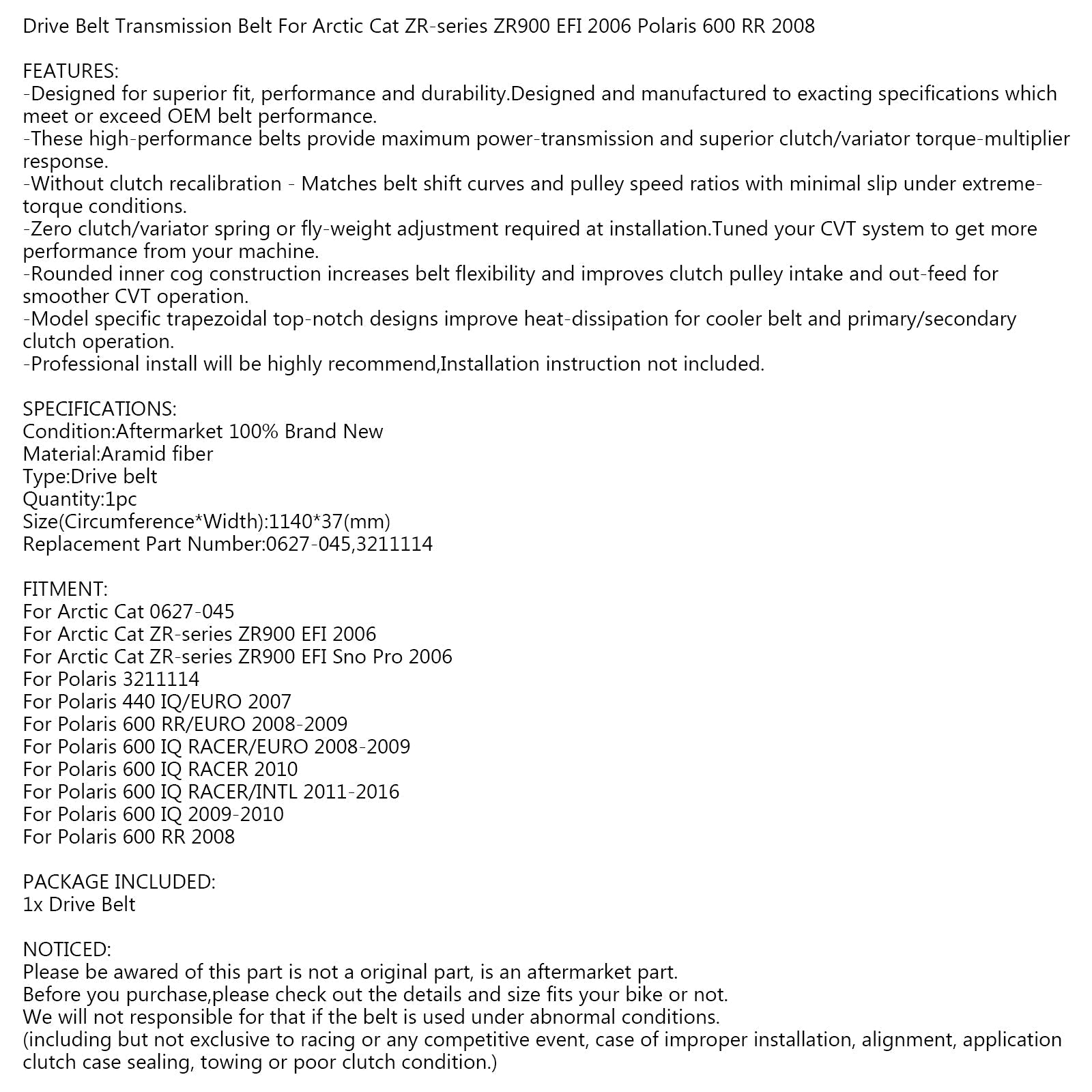 Pasek napędowy 0627-045 dla Arctic Cat ZR900 EFI Polaris 600 RR IQ RACER 2008 Generic