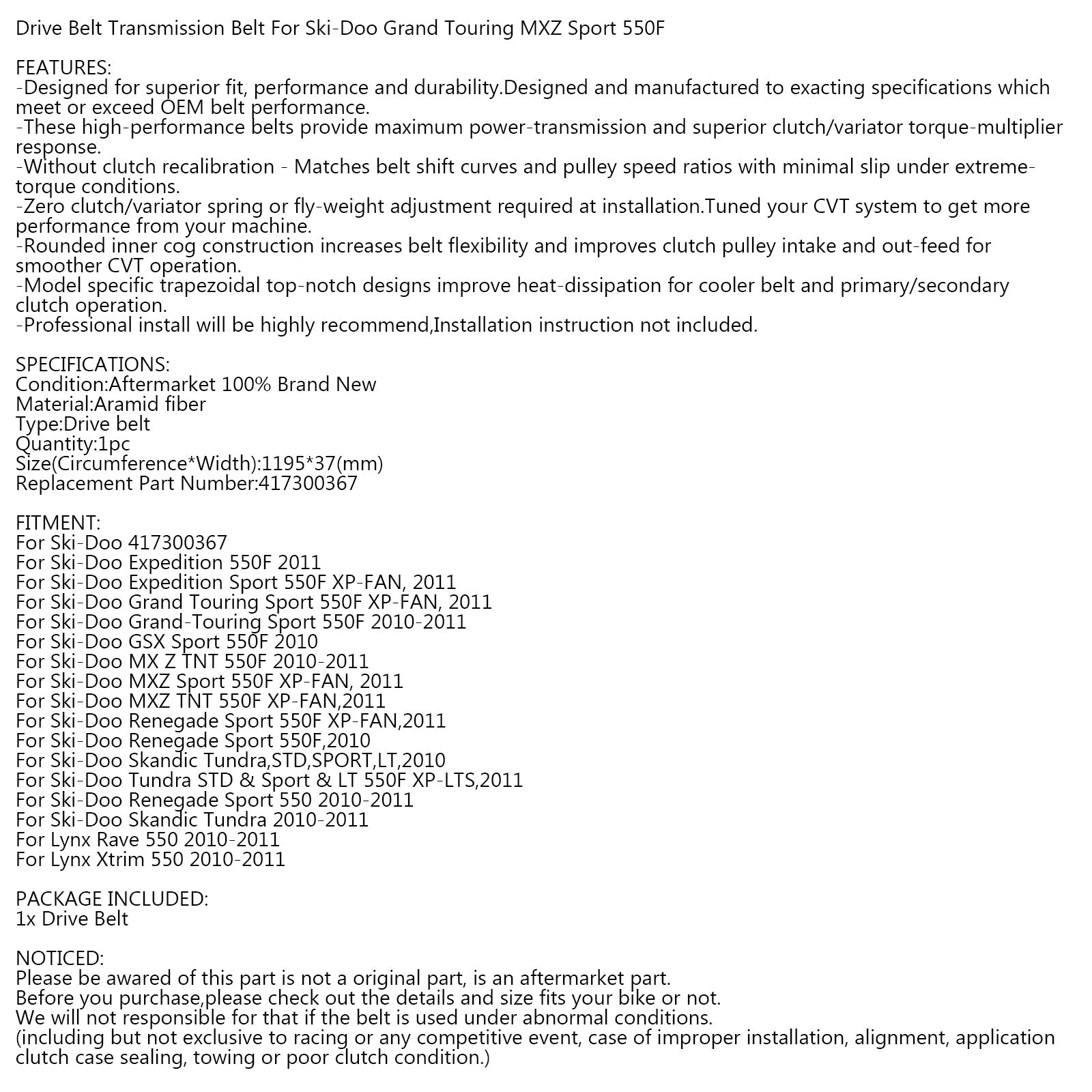 Pasek napędowy 417300367 do Ski-Doo Expedition Renegade MXZ GSX Sport 550F 2010 Generic