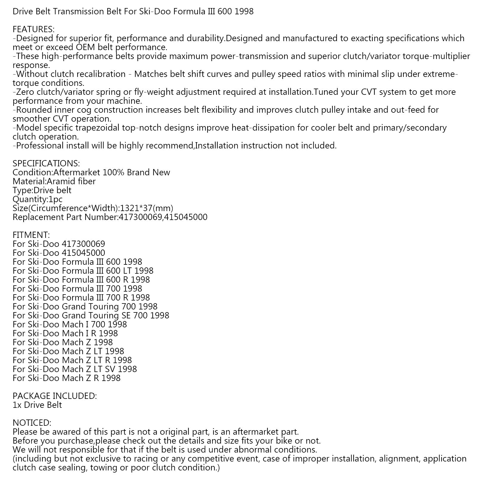 Pasek napędowy 417300069 dla Ski-Doo Formula III 600 700 Mach Z LT IR 1998 Generic