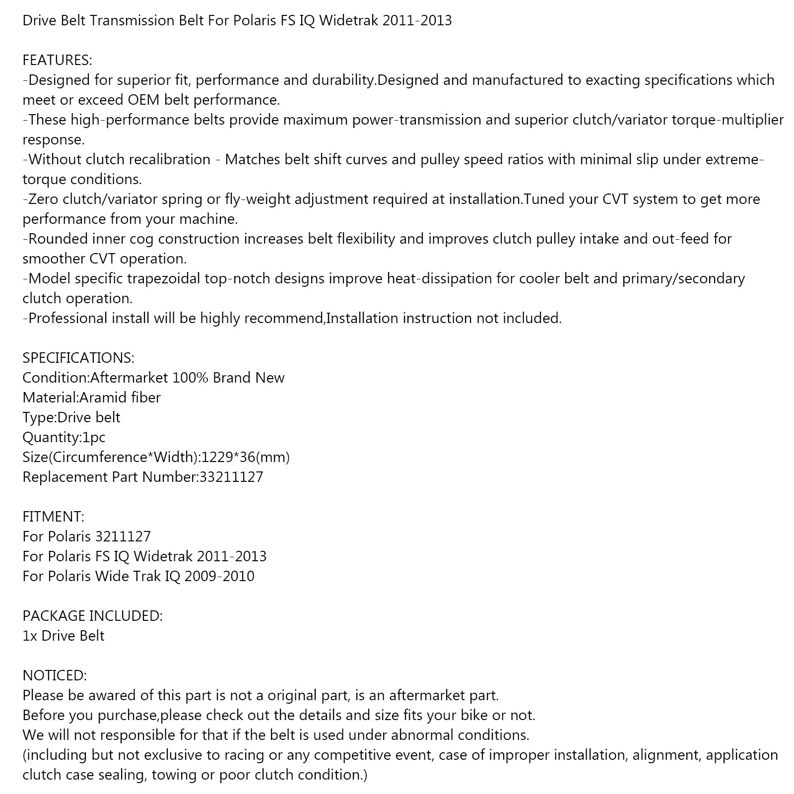 Pasek napędowy 3211127 dla Polaris FS IQ Widetrak 2011-2013 Wide Trak IQ 2009-2010 Generic