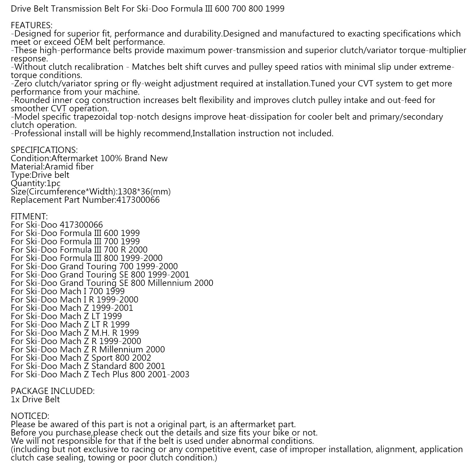 Pasek napędowy 417300066 dla Ski-Doo Mach I 700 1999 Grand Touring 700 800 2000 Generic