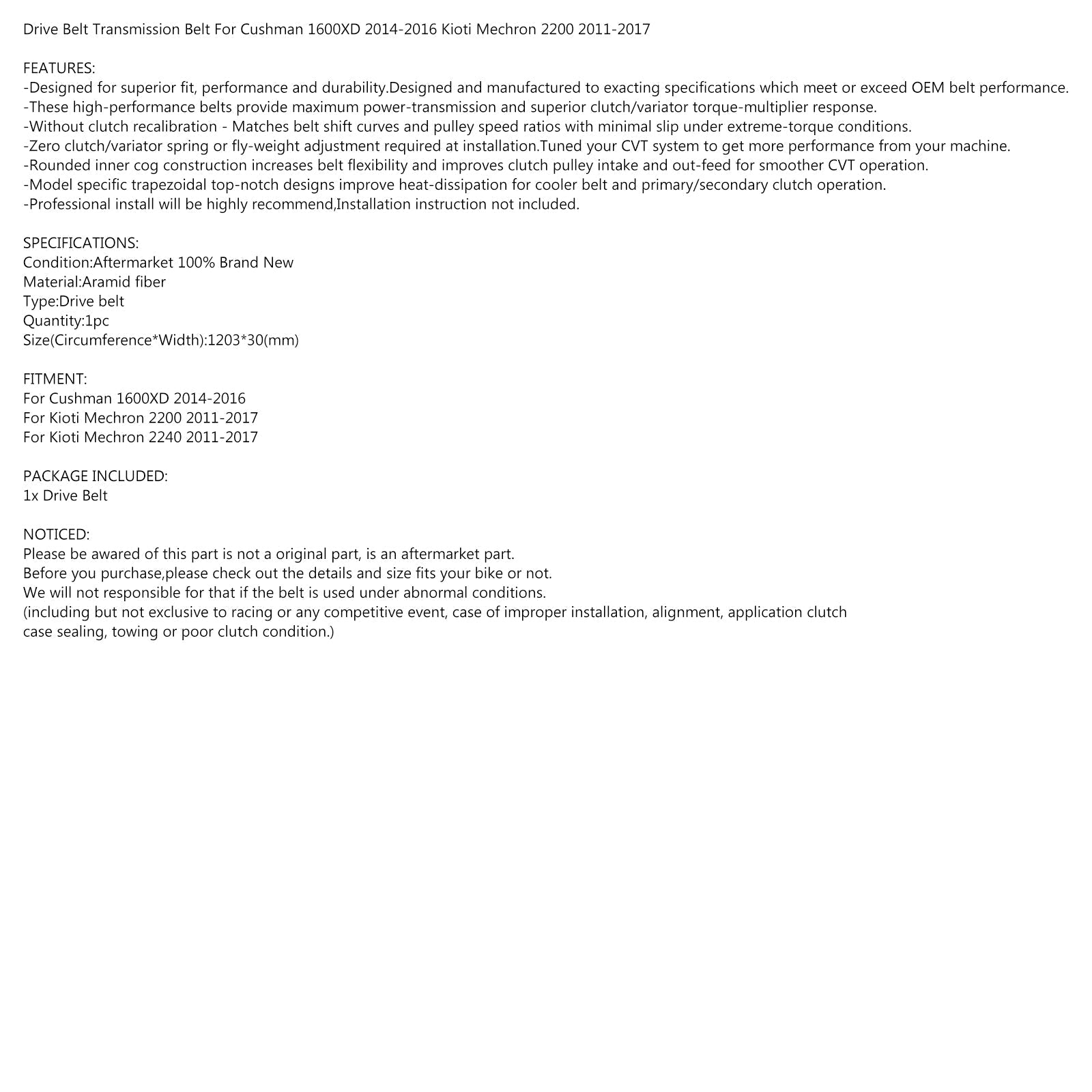 Cinghia di trasmissione per Cushman 1600XD 2014-2016 Kioti Mechron 2200 11-17 Mechron 2240 Generico