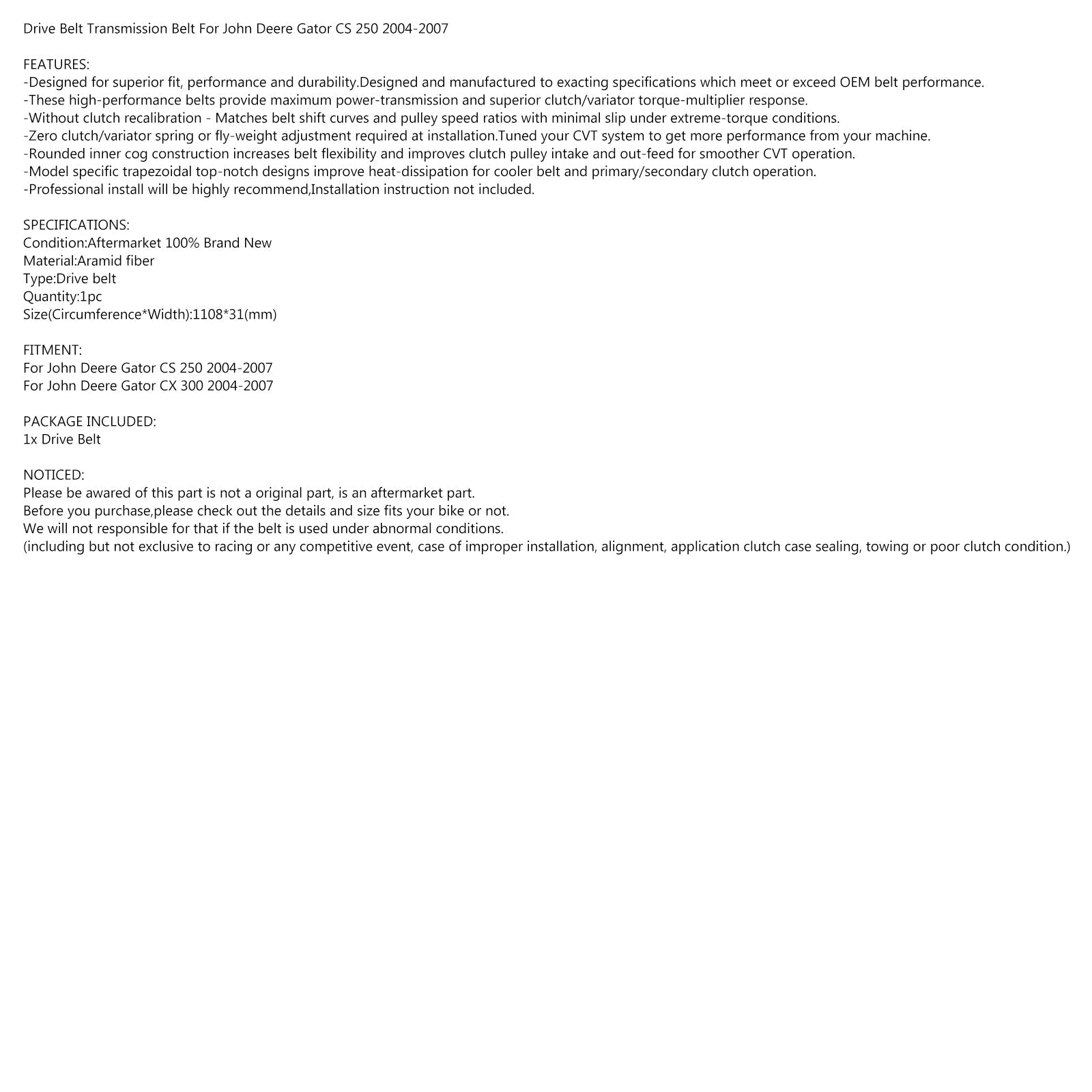 Pasek napędowy do John Deere Gator CS 250 2004-2007 Gator CX 300 2004-2007 2006 Generic