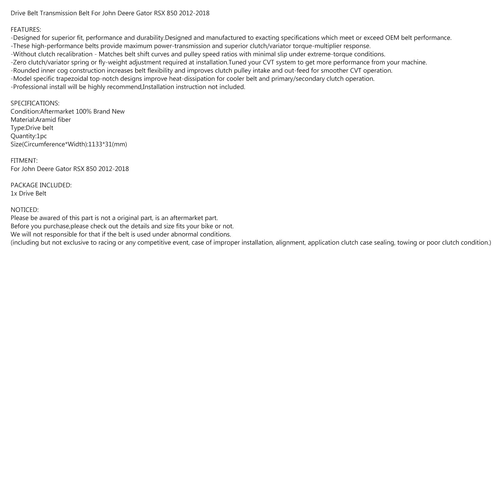 Moottorin vetohihna John Deere Gator RSX 850 2012-2018 2013 2016 Generic