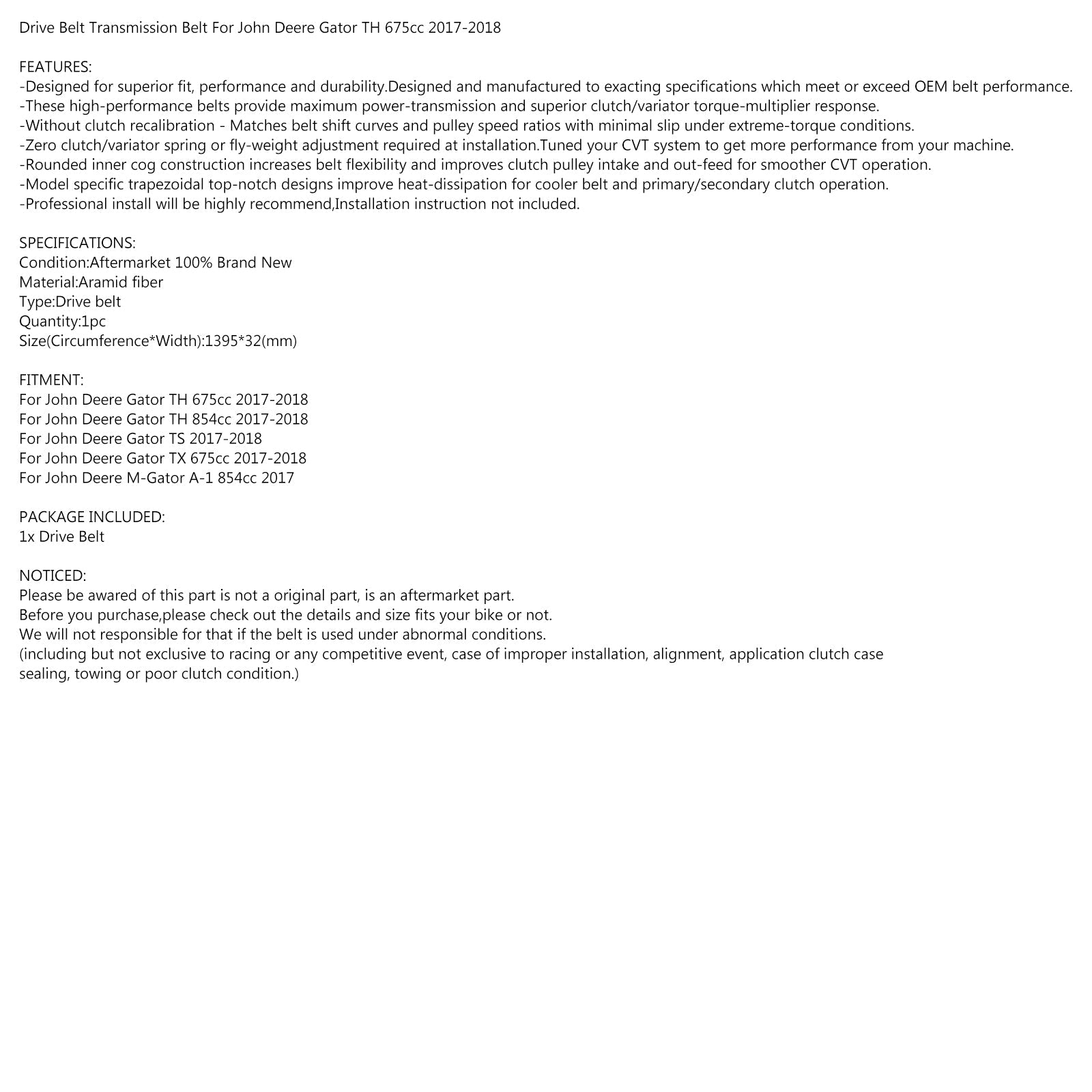 Cinghia di trasmissione per John Deere Gator TX/TH 675cc 854cc 2017-2018 M-Gator 2017 Generico