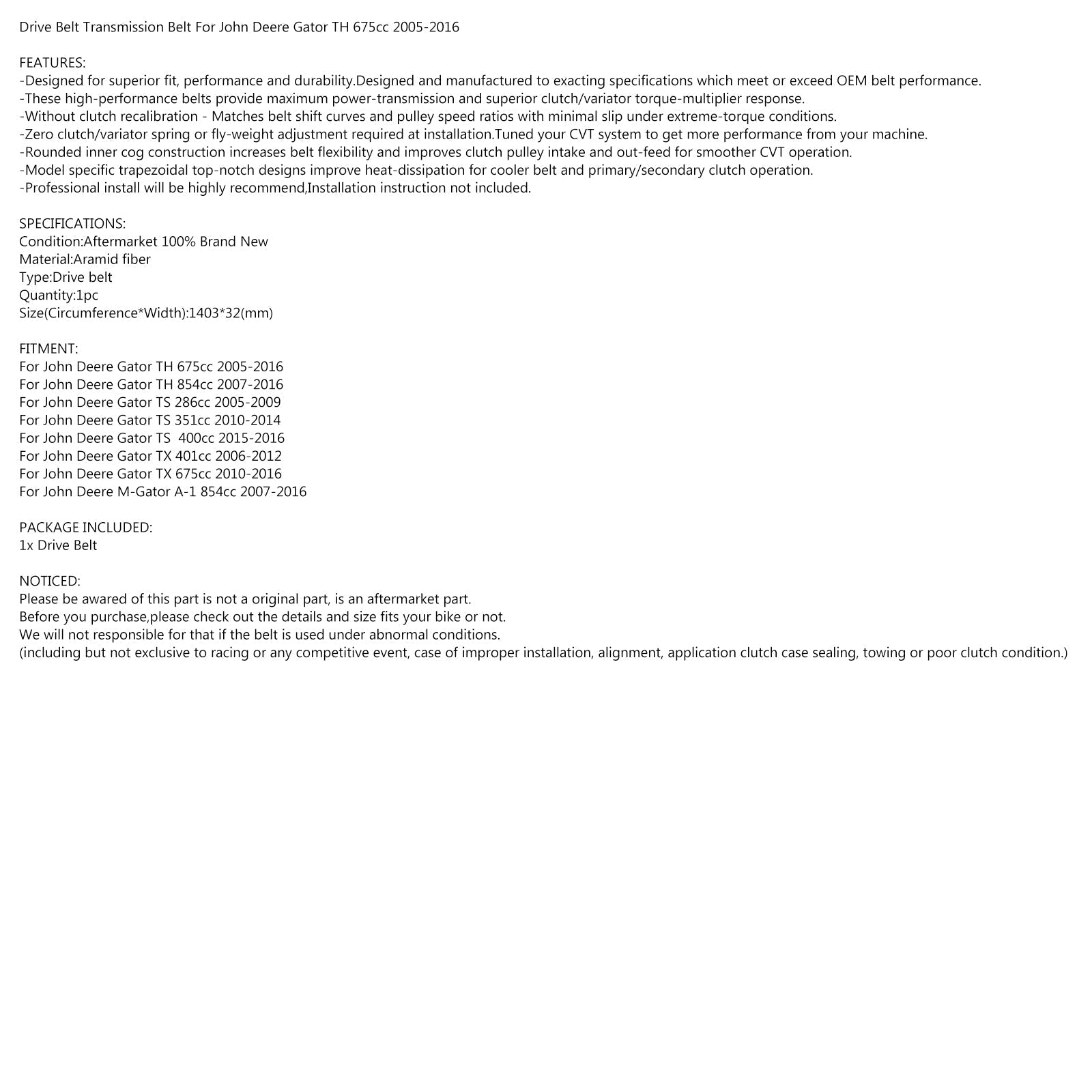 Cinghia di trasmissione per John Deere Gator TH 675cc 2005-2016 854cc TS 400cc 351cc 2016 Generico