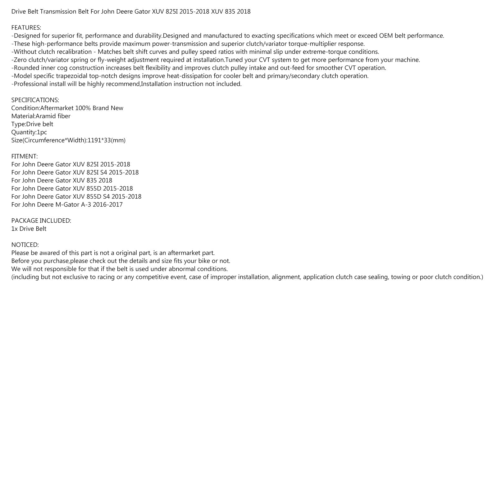 Courroie d'entraînement du moteur pour John Deere Gator XUV 825I S4 2015-2018 855D S4 2015-2018 générique