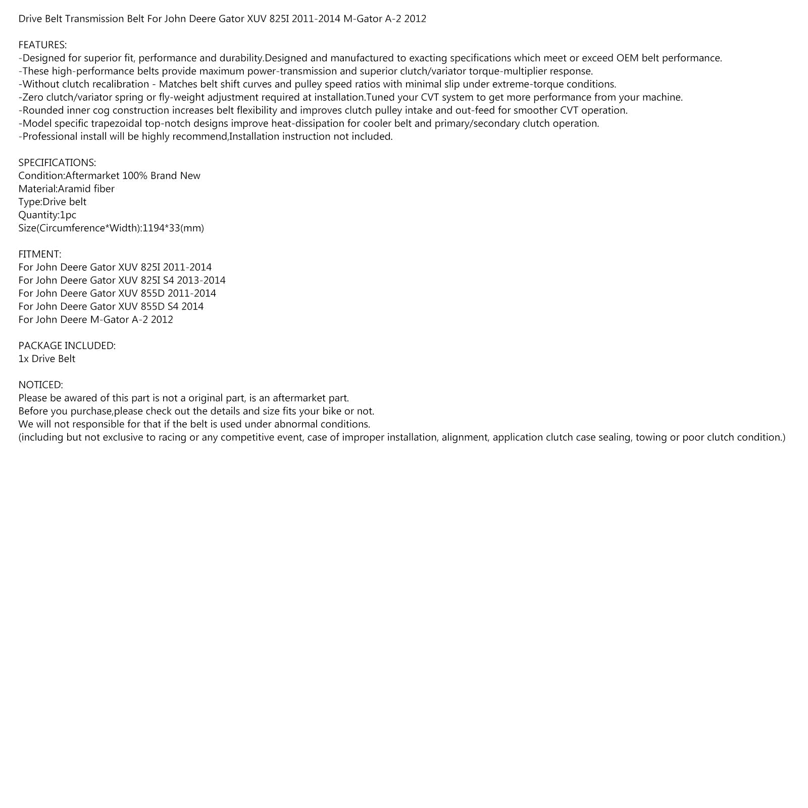 Pasek napędowy silnika do John Deere Gator XUV 825I 11-14 825I S4 13-14 M-Gator 2012 Generic