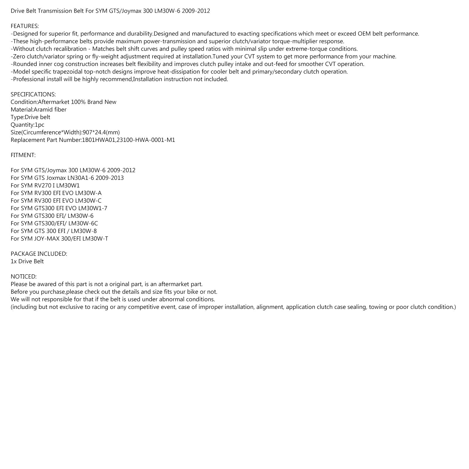 Courroie d'entraînement moteur 1B01HWA01 pour SYM GTS/Joymax 300 LM30W-6 2009-2012 RV 270 générique