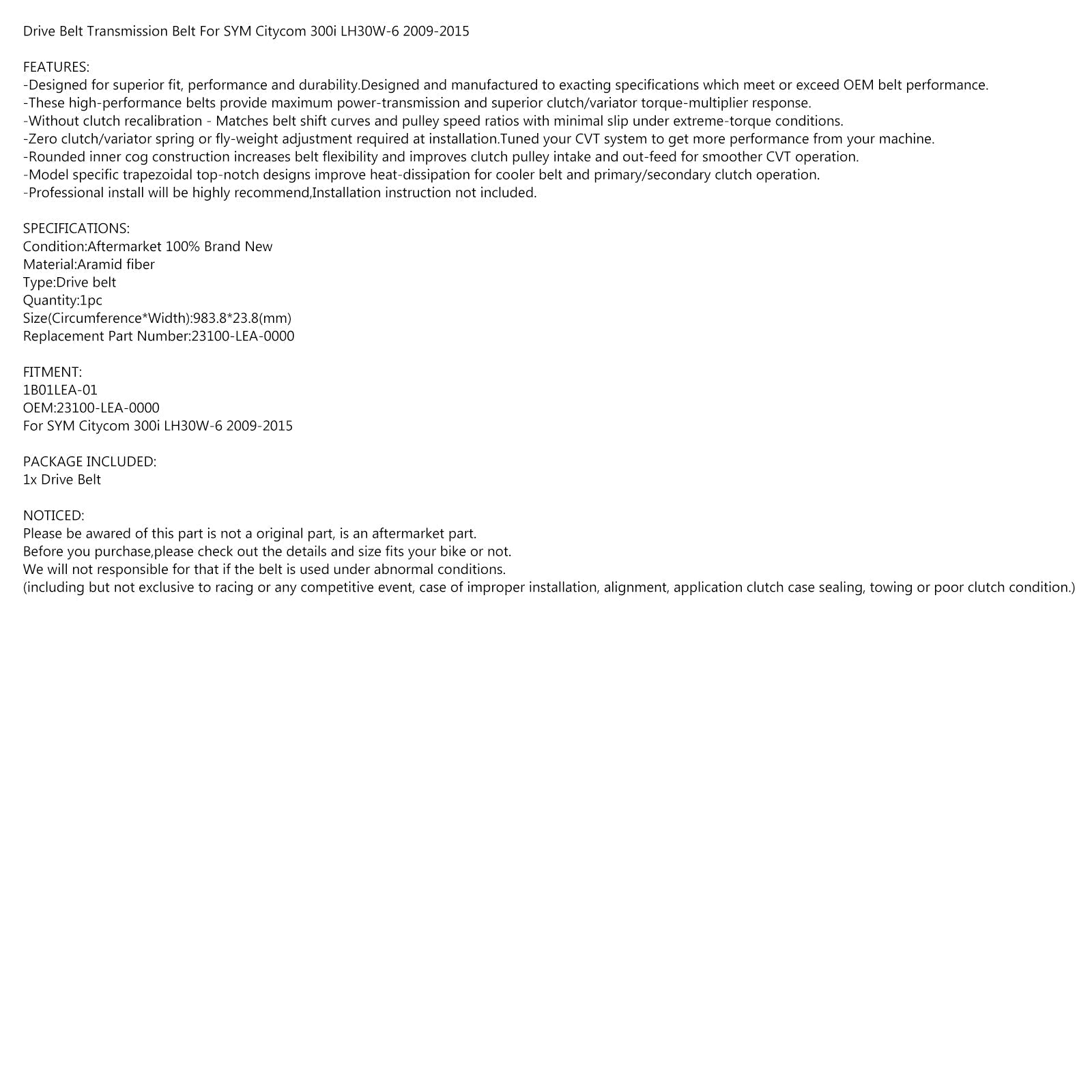 Pasek napędowy silnika 1B01LEA-01 dla 23100-LEA-0000 SYM Citycom 300i LH30W-6 09-15 Generic