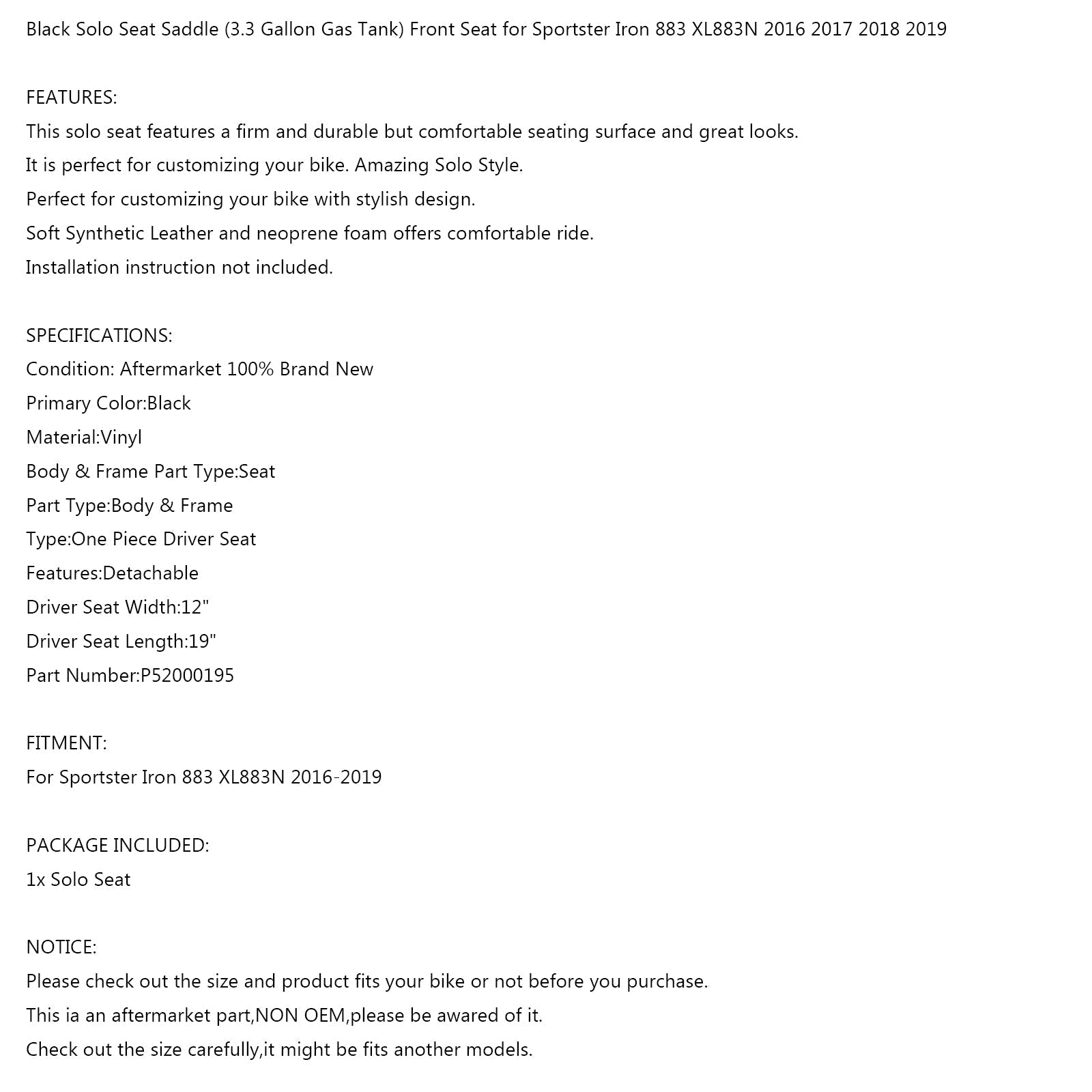 Selle 'entraînement de siège solo de moto avant pour Sportster Iron 883 XL883N 2016-2019 générique