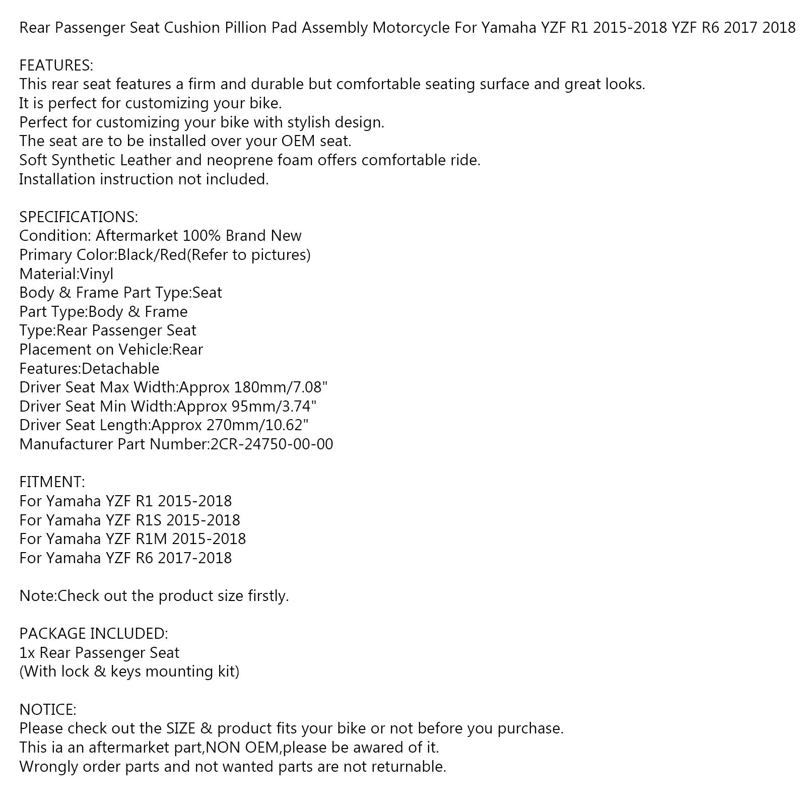 Cuscino del sedile del passeggero posteriore per Yamaha YZF R1M R1S 15-18 2CR-24750-00 Generico