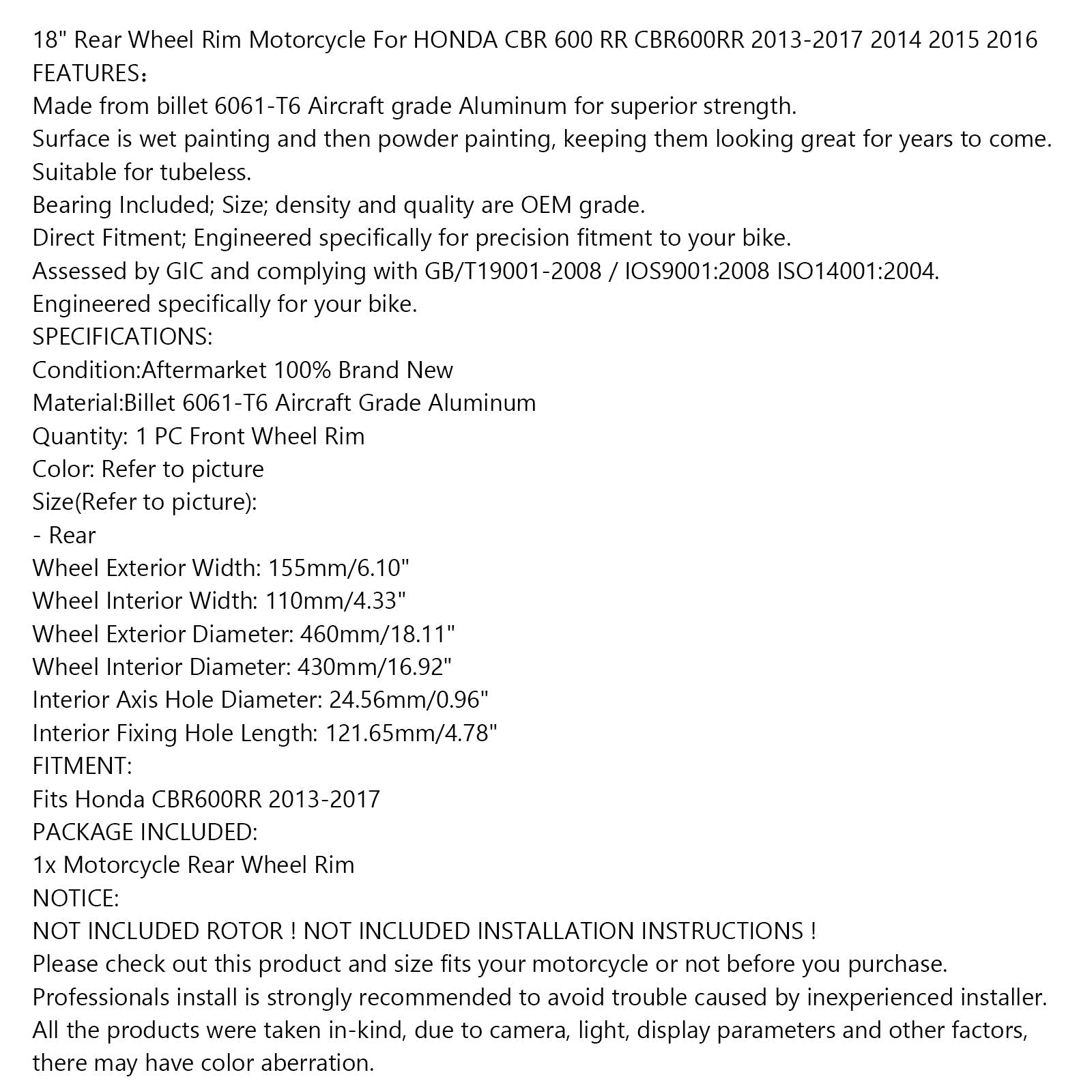 Jante de roue arrière 17x 4.3 moto pour Honda CBR 600 RR CBR600RR 2013-2017 générique