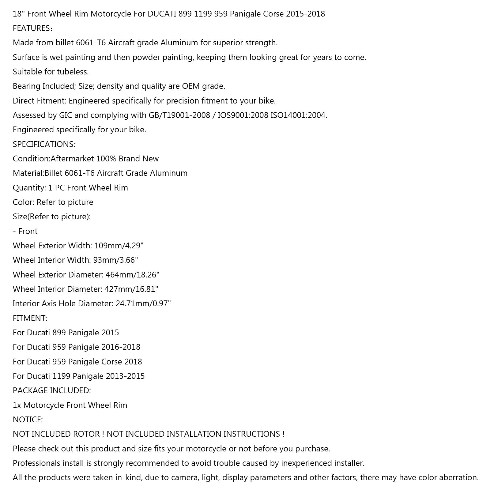 Jante de roue avant moto pour Ducati 1199 899 959 Panigale / Corse 2013-2018 générique