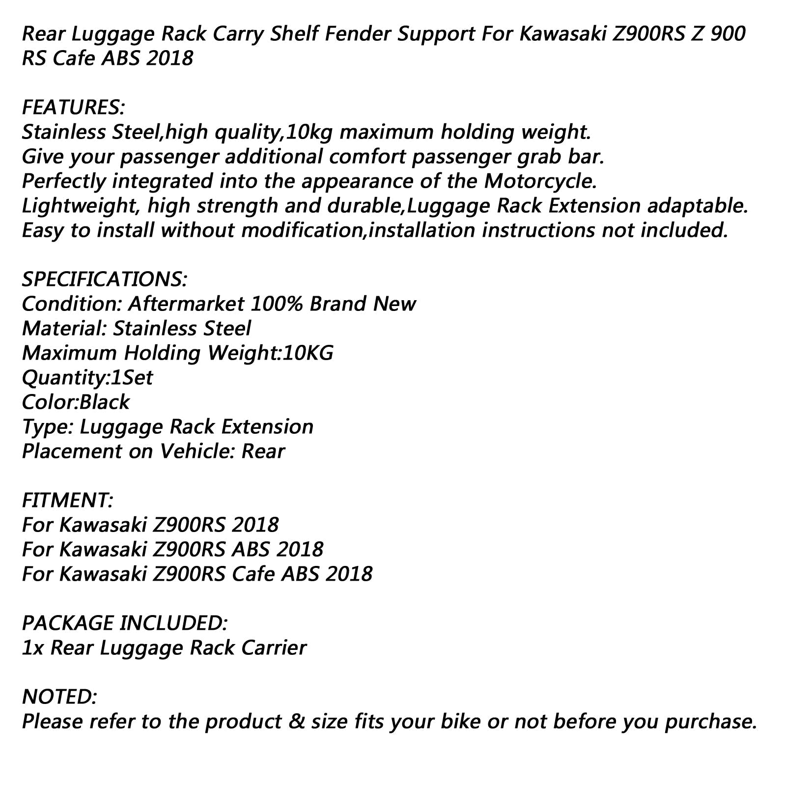 Support de garde-boue pour porte-bagages arrière pour Kawasaki Z900RS Cafe ABS 2018 générique