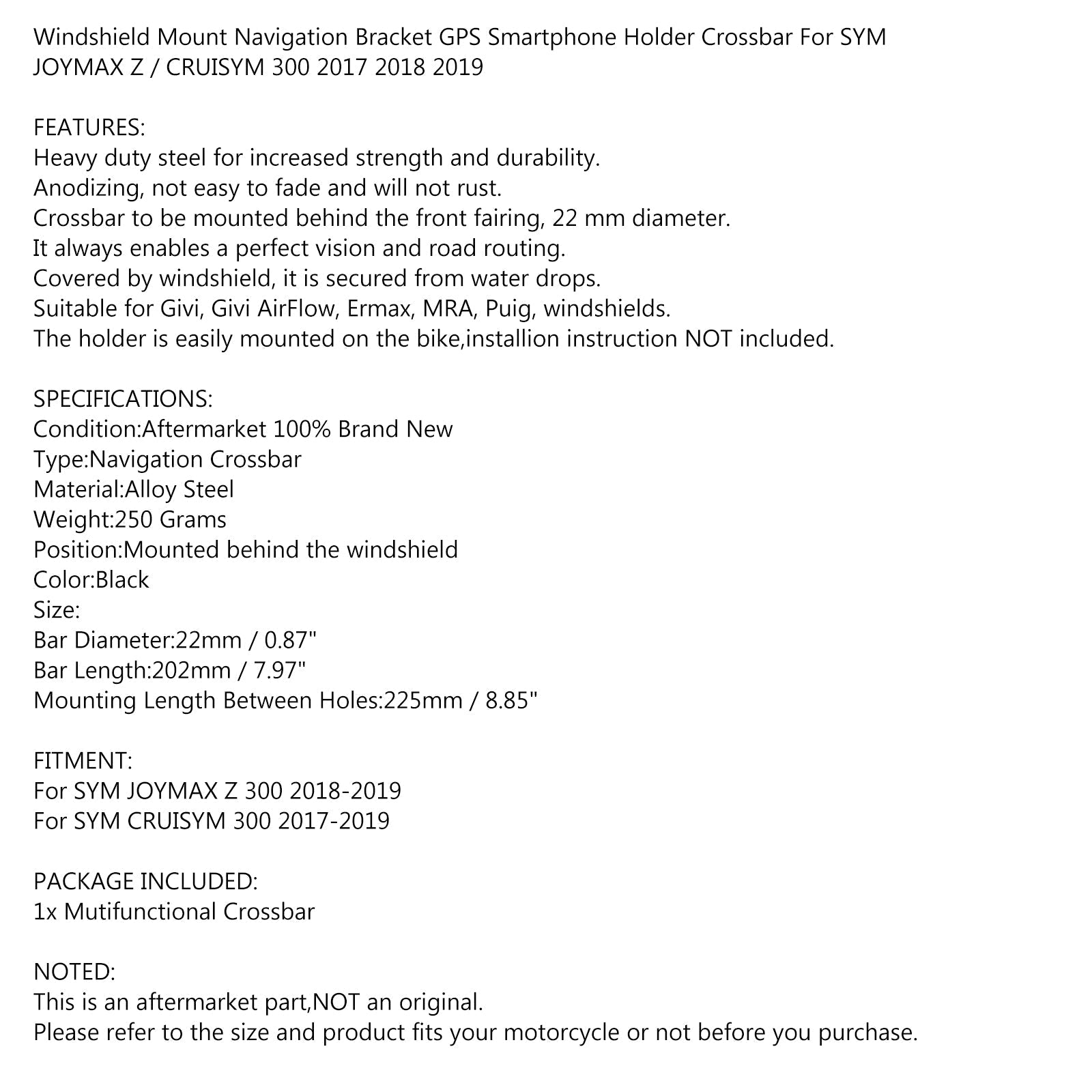 GPS/SMARTPHONE CROSS BAR ONDERSTEUNING Voor SYM JOYMAX Z 300 / CRUISYM 300 2017-2019 Generiek