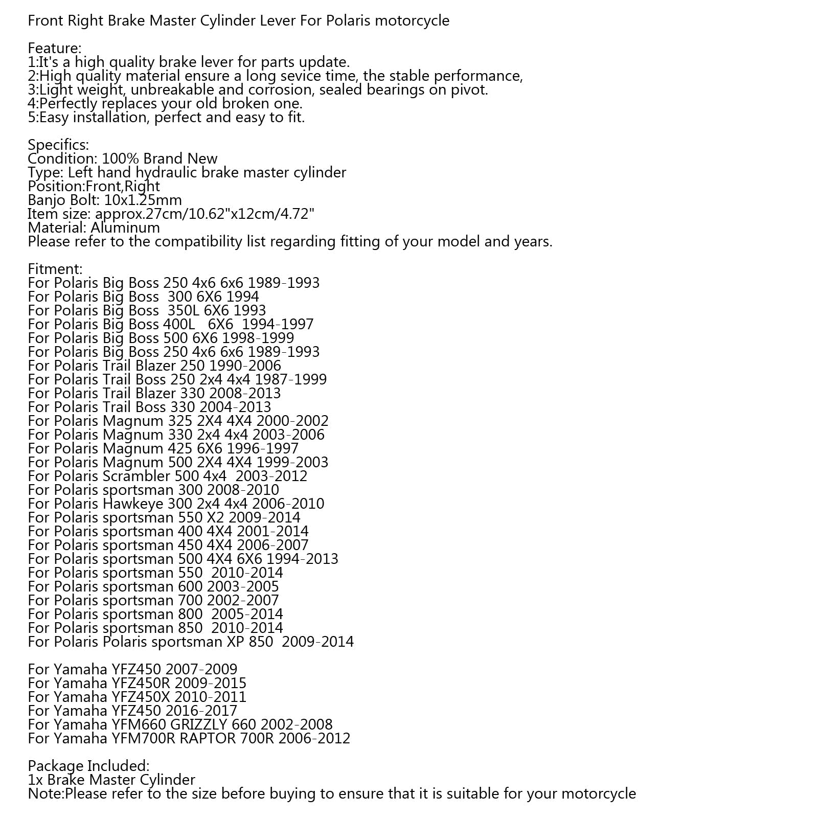 Maître Cylindre De Frein Avant Droit 22mm Pour Polaris Magnum 325 Sportsman 600 Générique