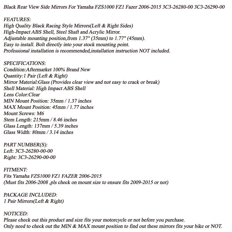 Para lusterek do Yamaha FZS1000 FZ1 2006-2015 3C3-26280-00 3C3-26290-00 Generic
