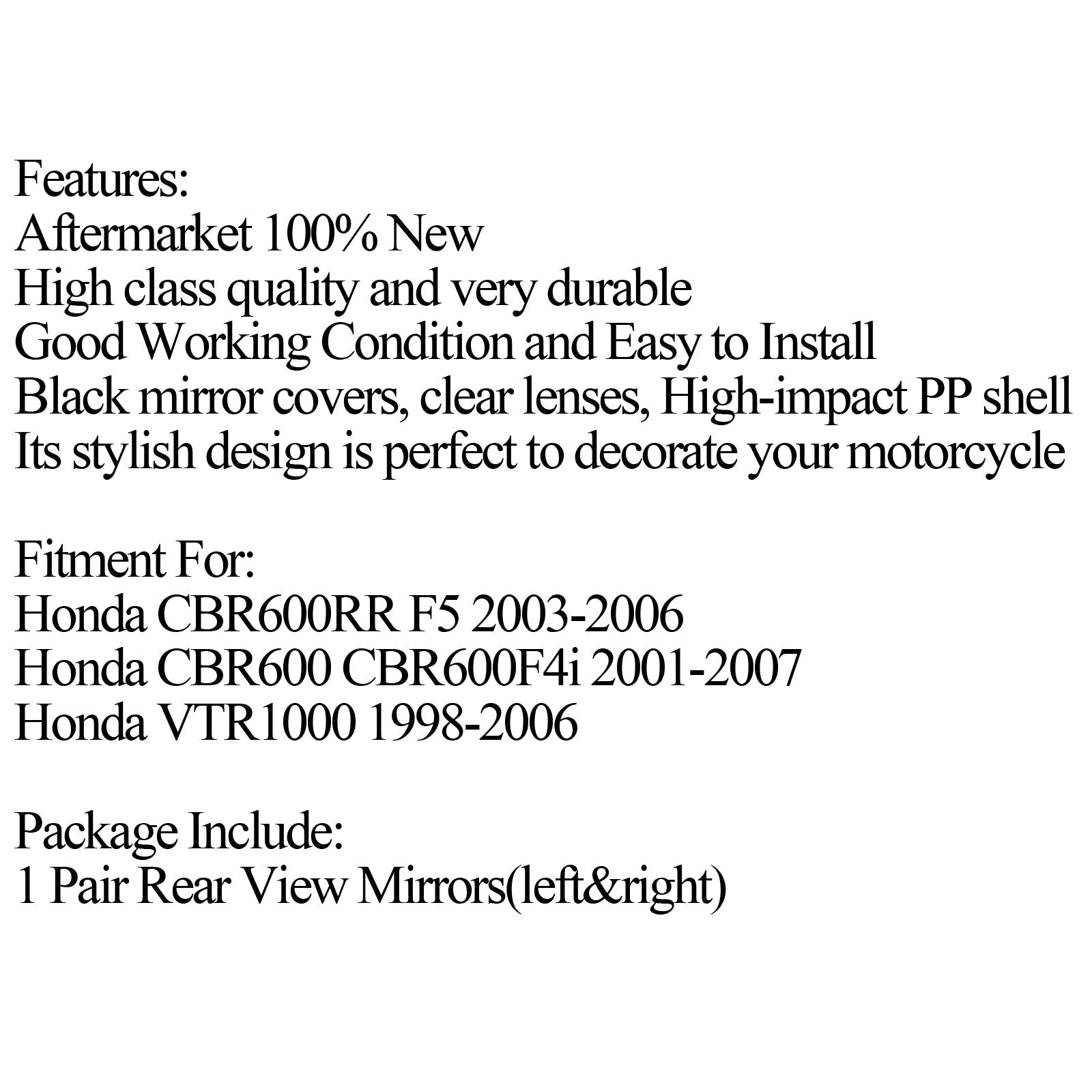 Paire de rétroviseurs de moto pour Honda VTR1000 98-06 CBR600 CBR600F4i 01-07 générique