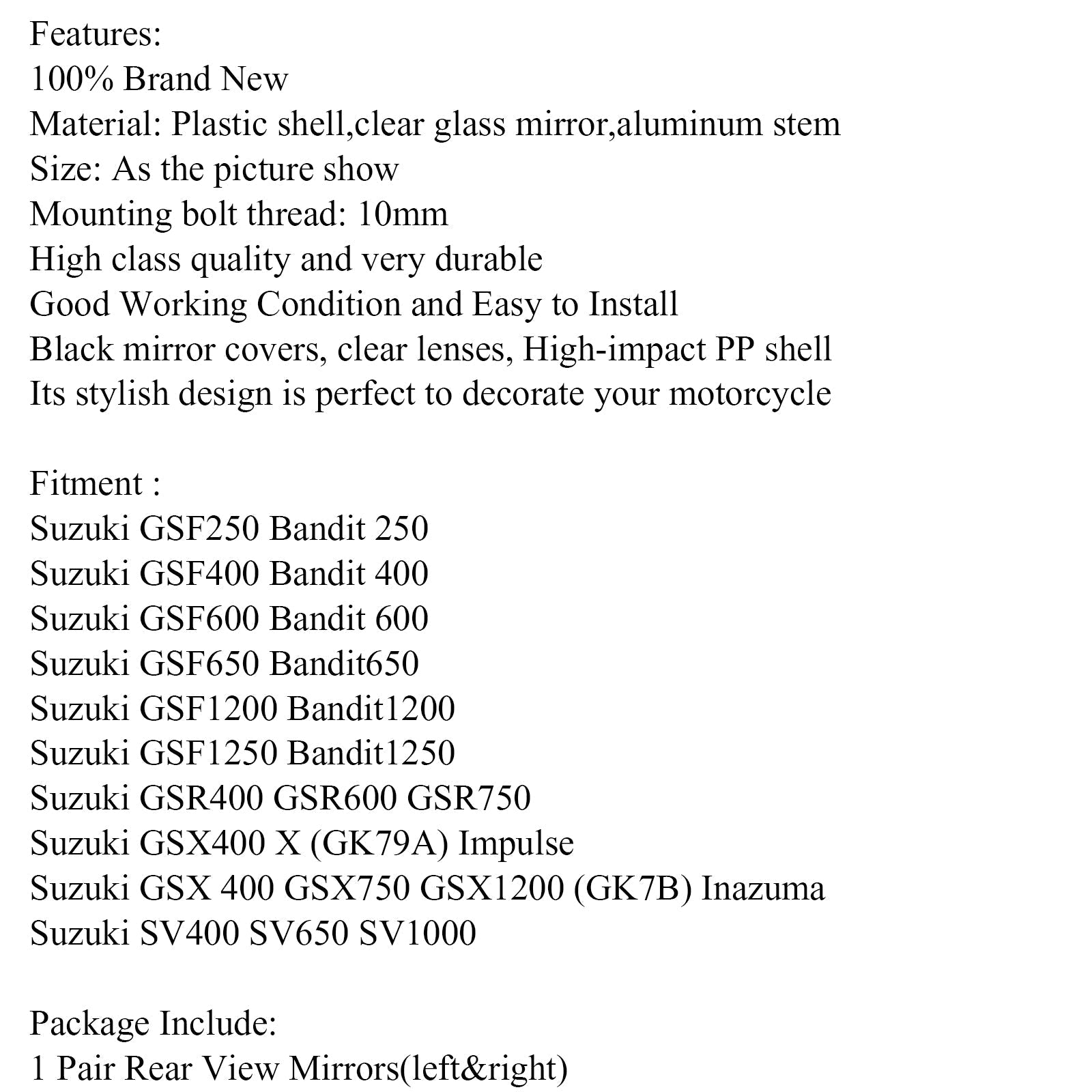 Specchi motociclistici da 10 mm per moto per Suzuki GSF250 Bandit 250/400/600 SV1000 GENERIC