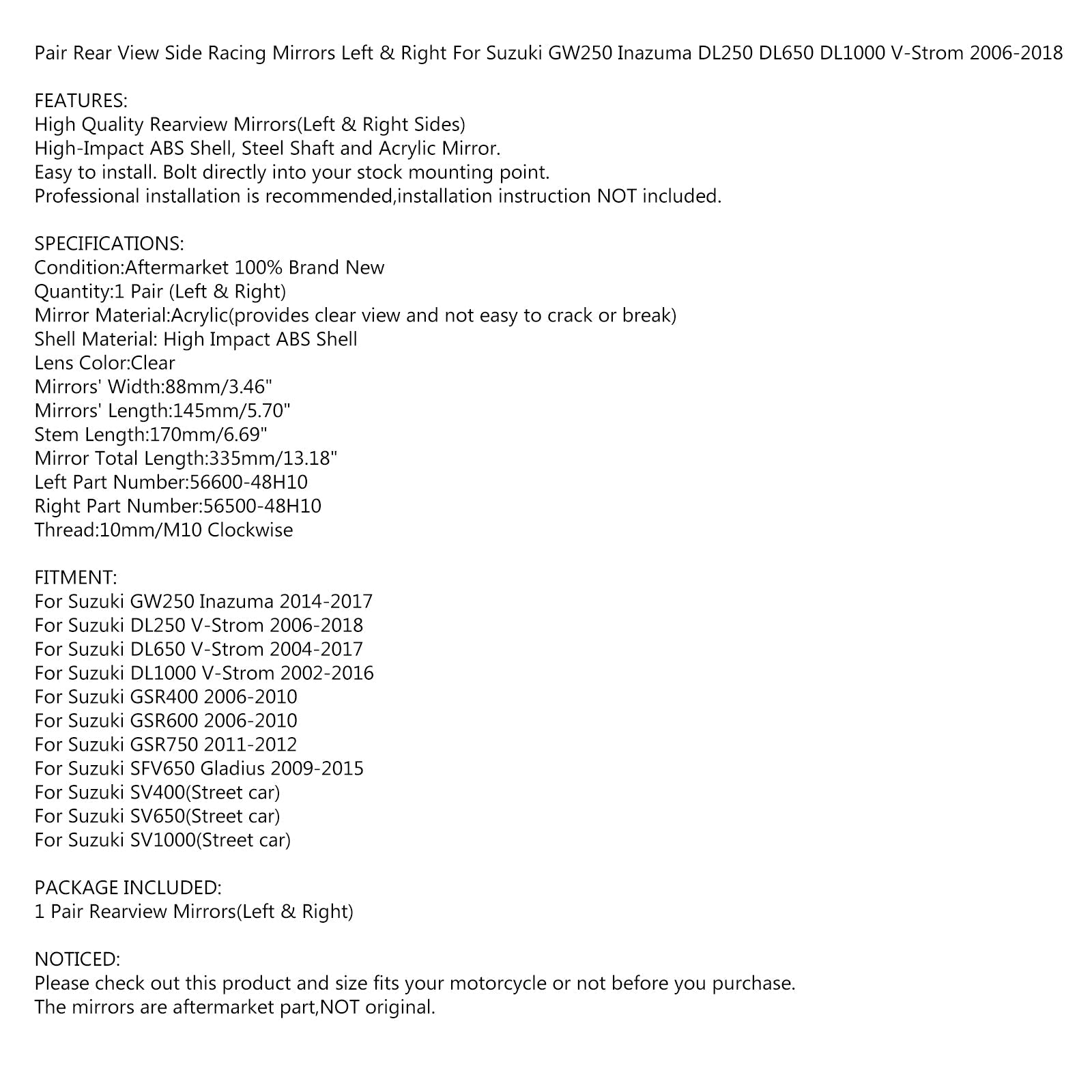 Rétroviseurs latéraux noirs pour Suzuki GW250 Inazuma 14-17 DL250 V-Strom 06-18 générique