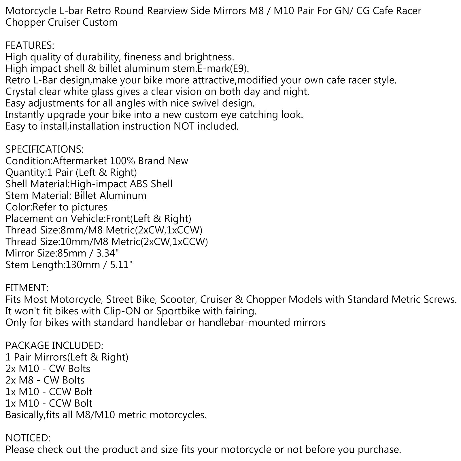 Para M8 M10 Retro L-Bar Round M10 M10 M10 Widoków dla Cafe Racer Bobber Custom Motorcycle Generic