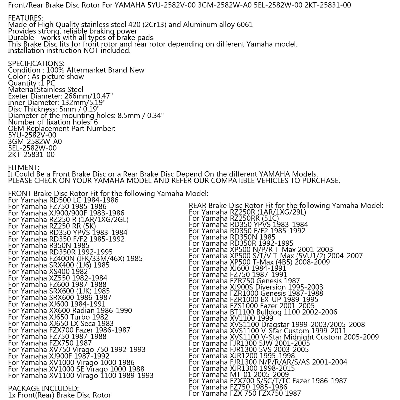 Rotor de disco de freno delantero/trasero para Yamaha FZ400/600/750 FZX700/750 RZ250 SRX400/600 genérico