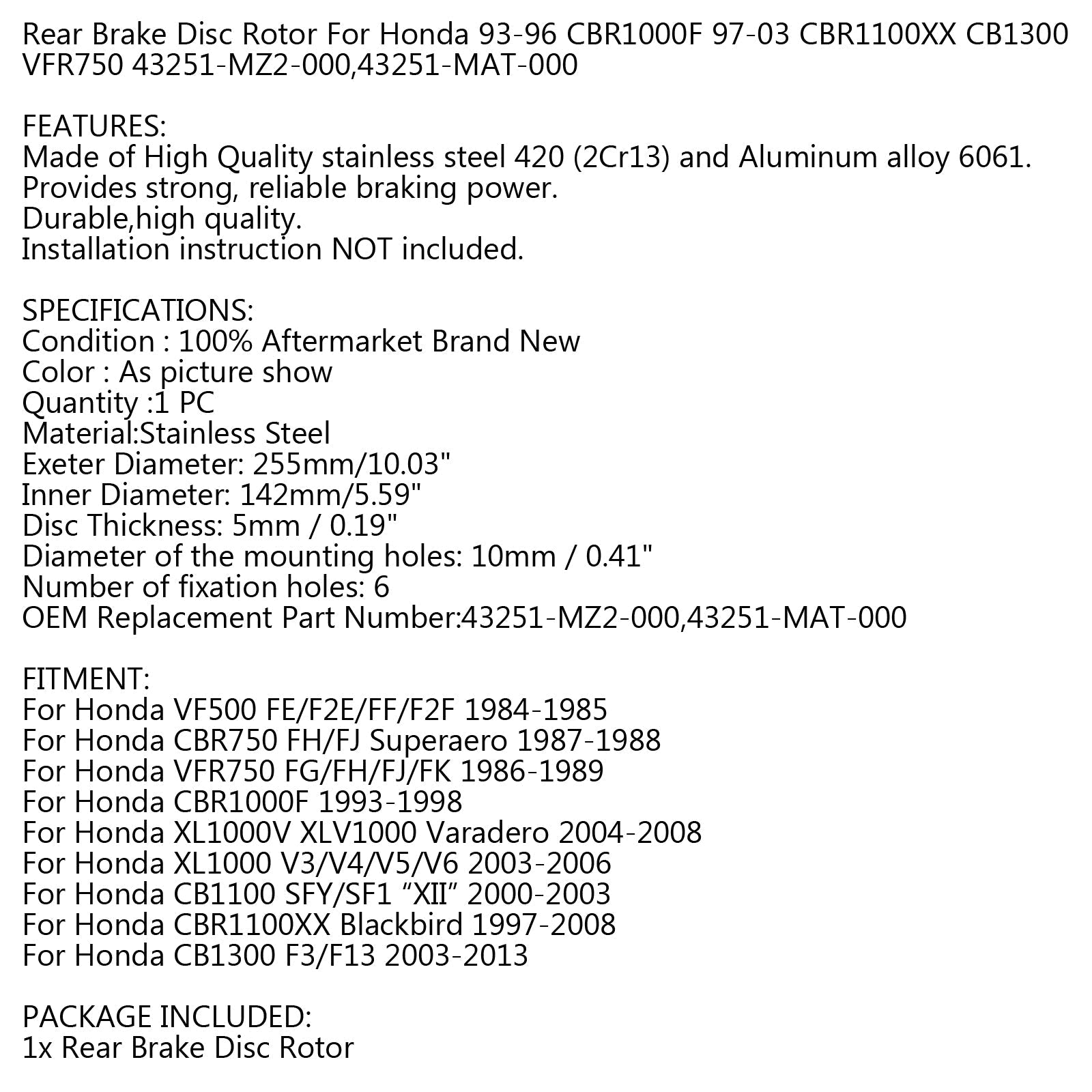 255 mm achterkant achterrem Discrotor voor Honda CB1100/1300 CBR1000 F/XX #.MD1006C Generiek
