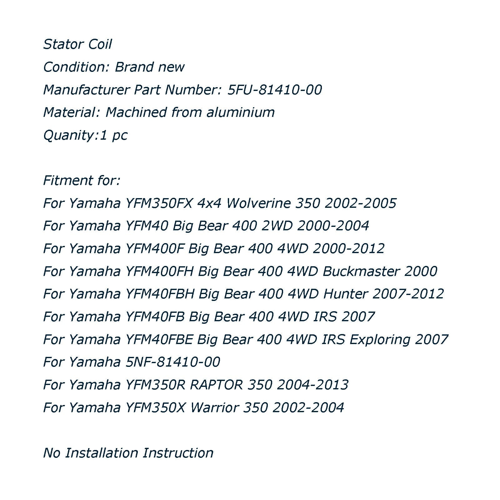 Stator tuljava za yamaha yfm350fx 4x4 yfm40 velik medved yfm350r yfm350x generic