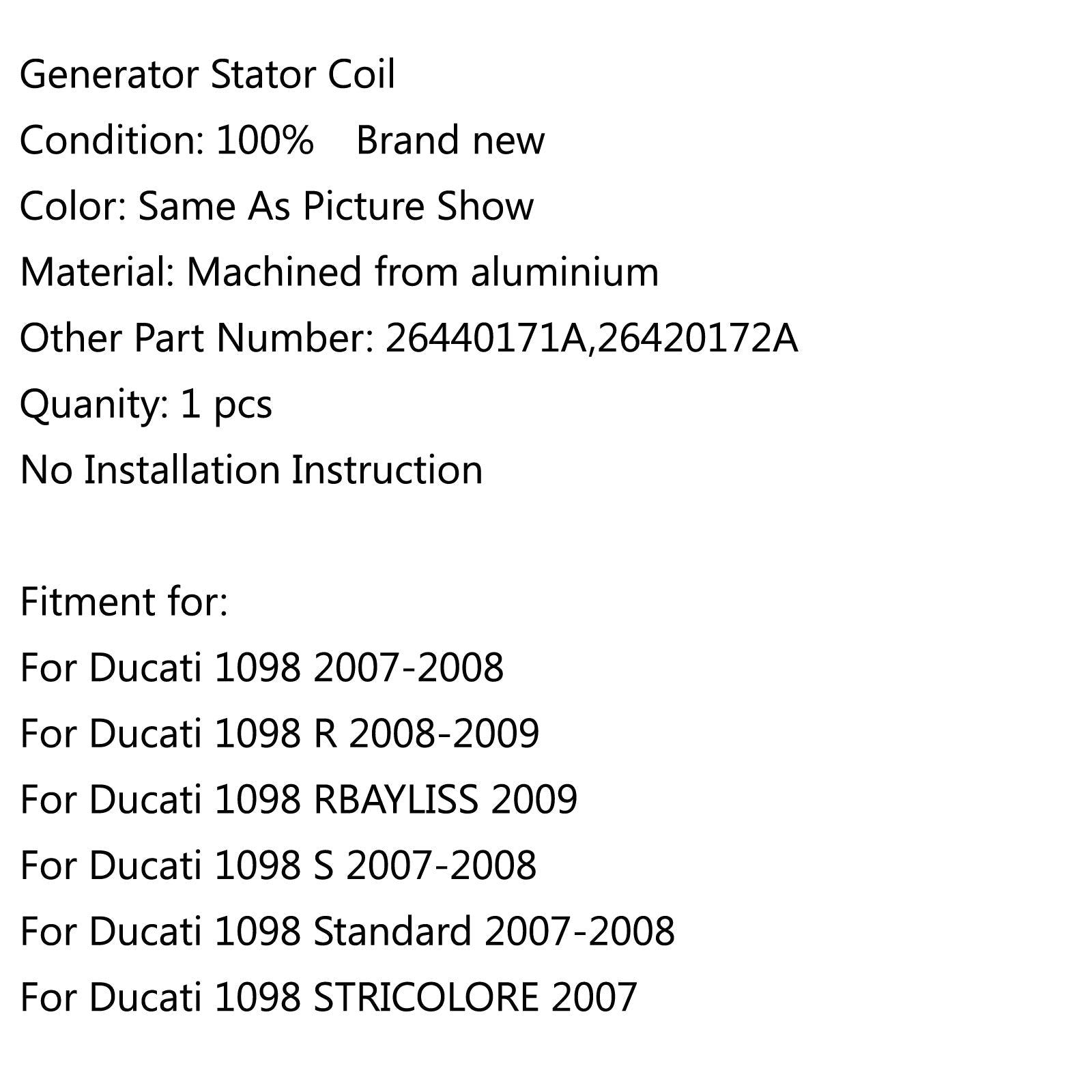 Generator Stator tuljava za Ducati 1098 R/S/RBayliss 1198 S/SP/Standard 749 Temno generično