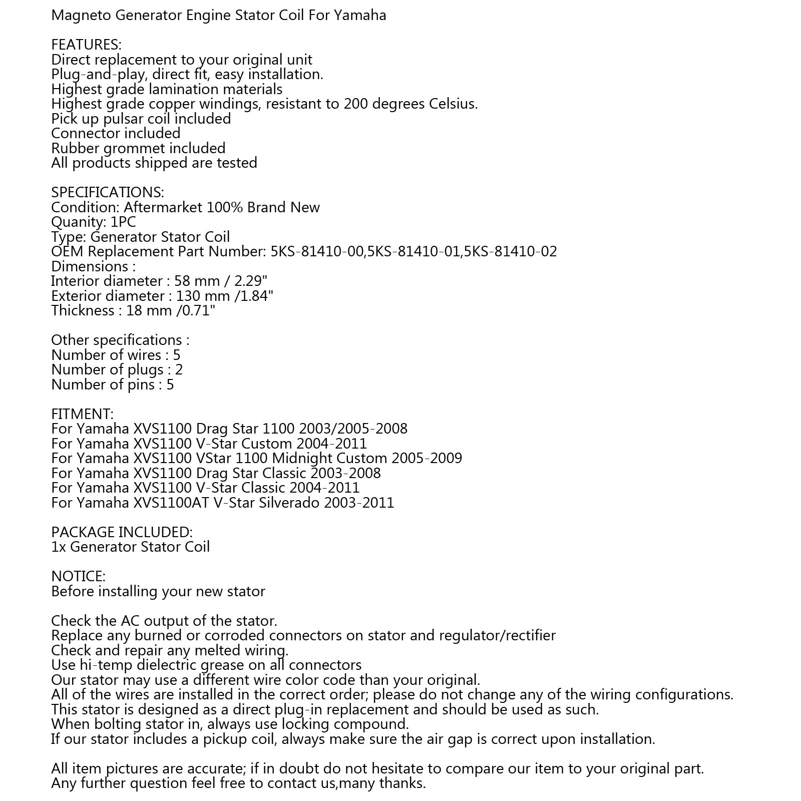 Bobine de stator de générateur pour Yamaha XVS1100 XVS 1100 Vstar Classic Custom 2003-2011 générique