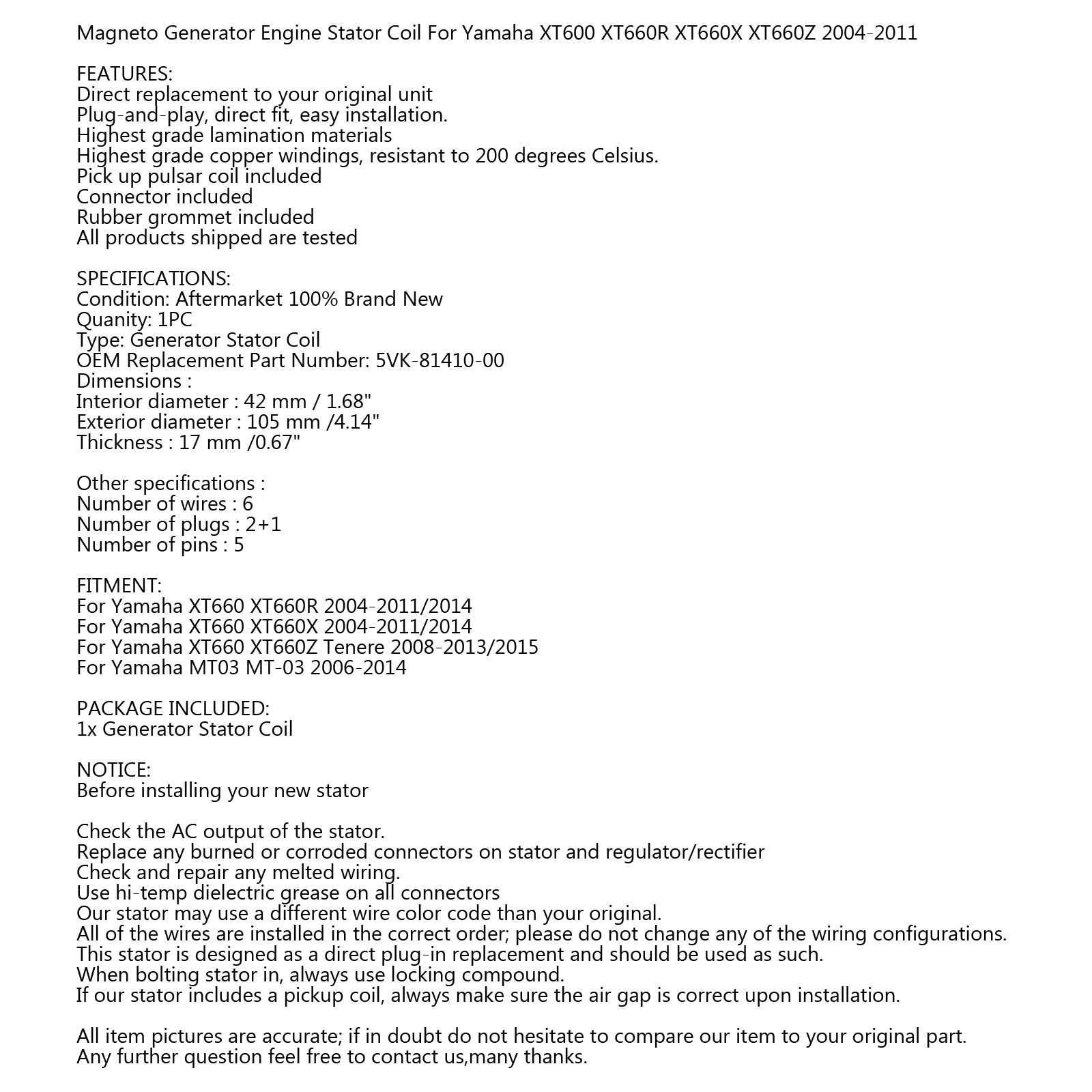 Bobina statore generatore per Yamaha XT660 XT660R/X 2004-2014 XT660Z Tenere 08-15 Generico