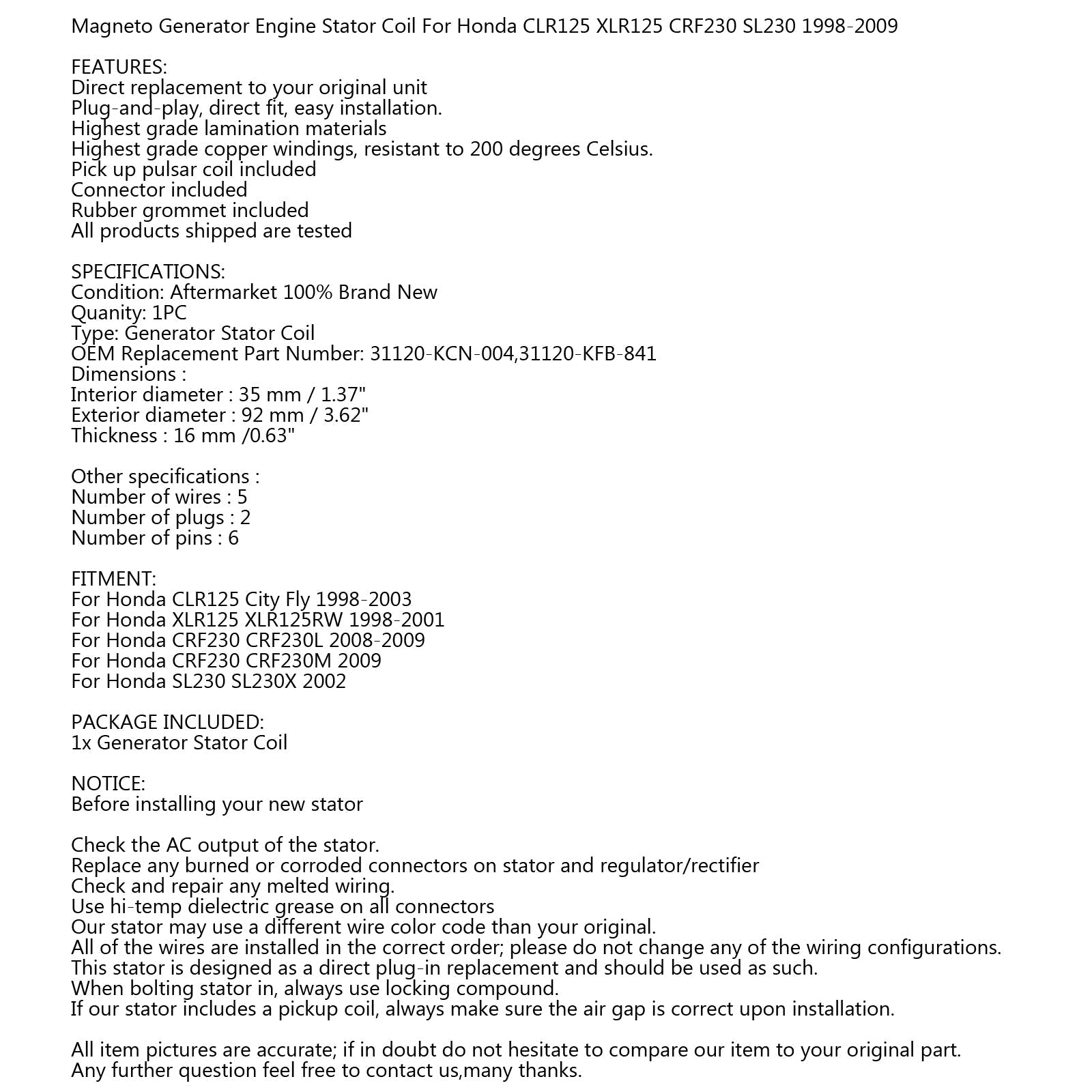 Generatorstatorspoel voor CLR125 XLR125 98-03 CRF230 SL230 02-09 31120-KFB-841 Generiek