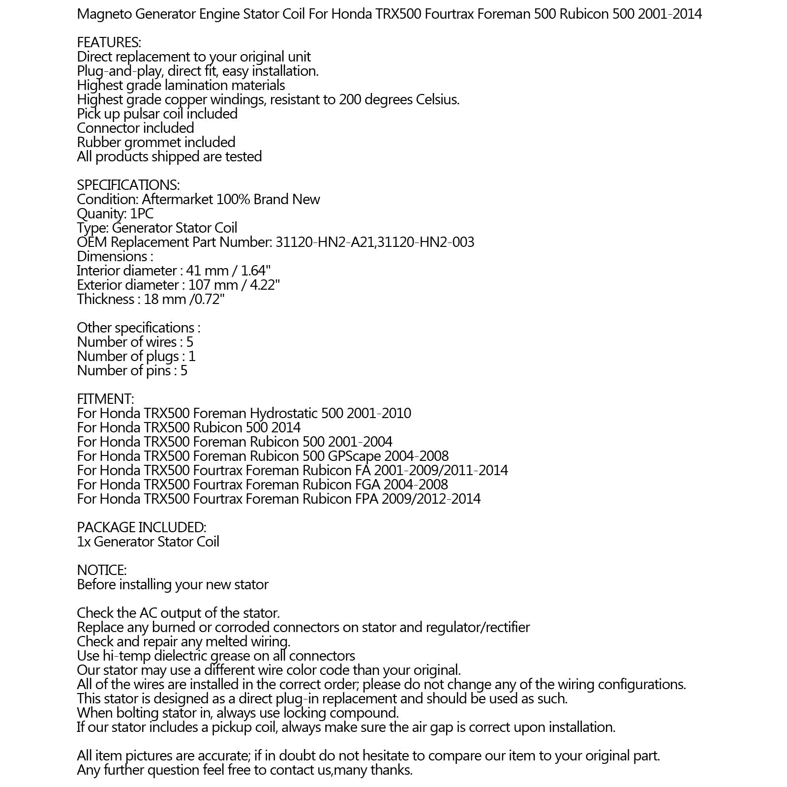 Générateur Stator Bobine 31120-HN2-A21 Pour Honda TRX500 Foreman Rubicon 500 01-2014 Générique