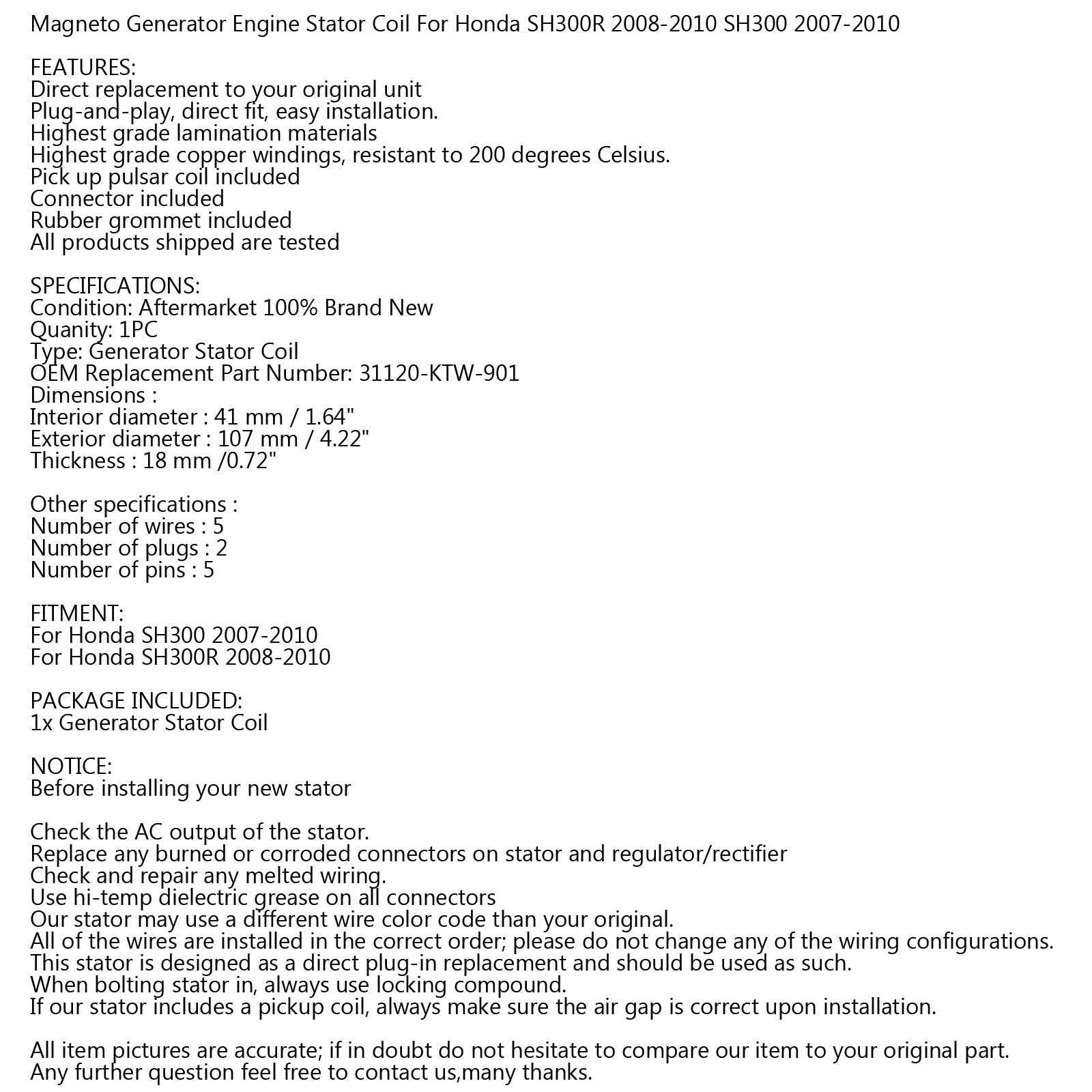 Bobine de stator de générateur pour Honda SH300 NF02 2007-2010 SH300R 2008 2009 2010 générique
