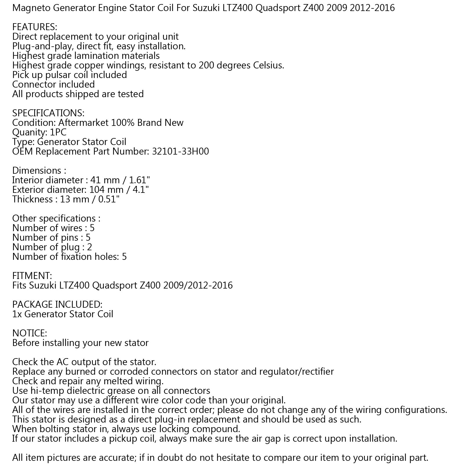 Bobine de stator de générateur magnéto pour Suzuki LTZ 400 Quadsport Z400 2009 2012-2016 générique
