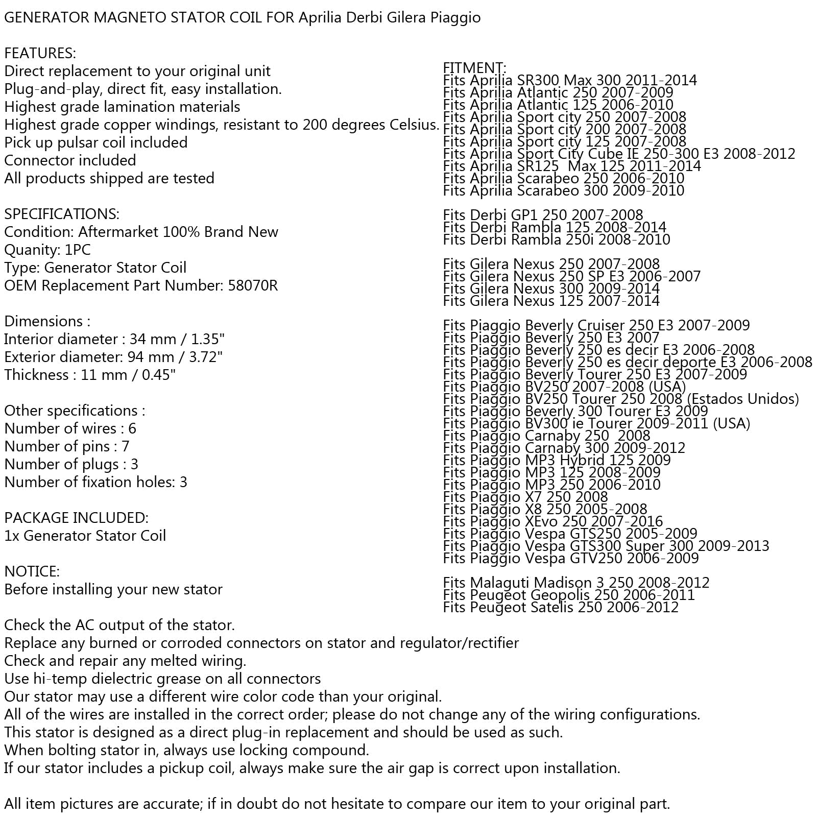 STATORE per Aprilia Atlantic SR Sport City Scarabeo 125 200 250 300 2006-2014 generico