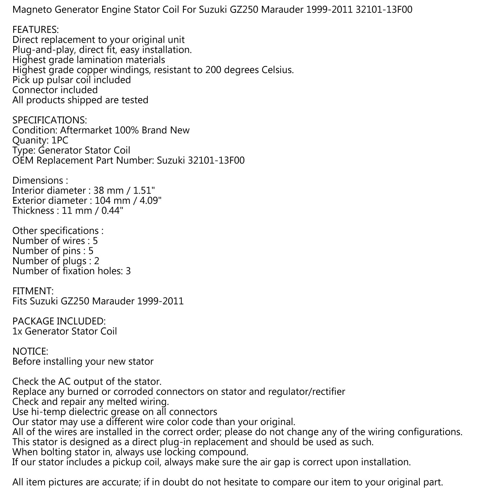 Magnetogenerator Statorspoel voor Suzuki GZ250 Marauder 1999-2011 32101-13F00 Generiek